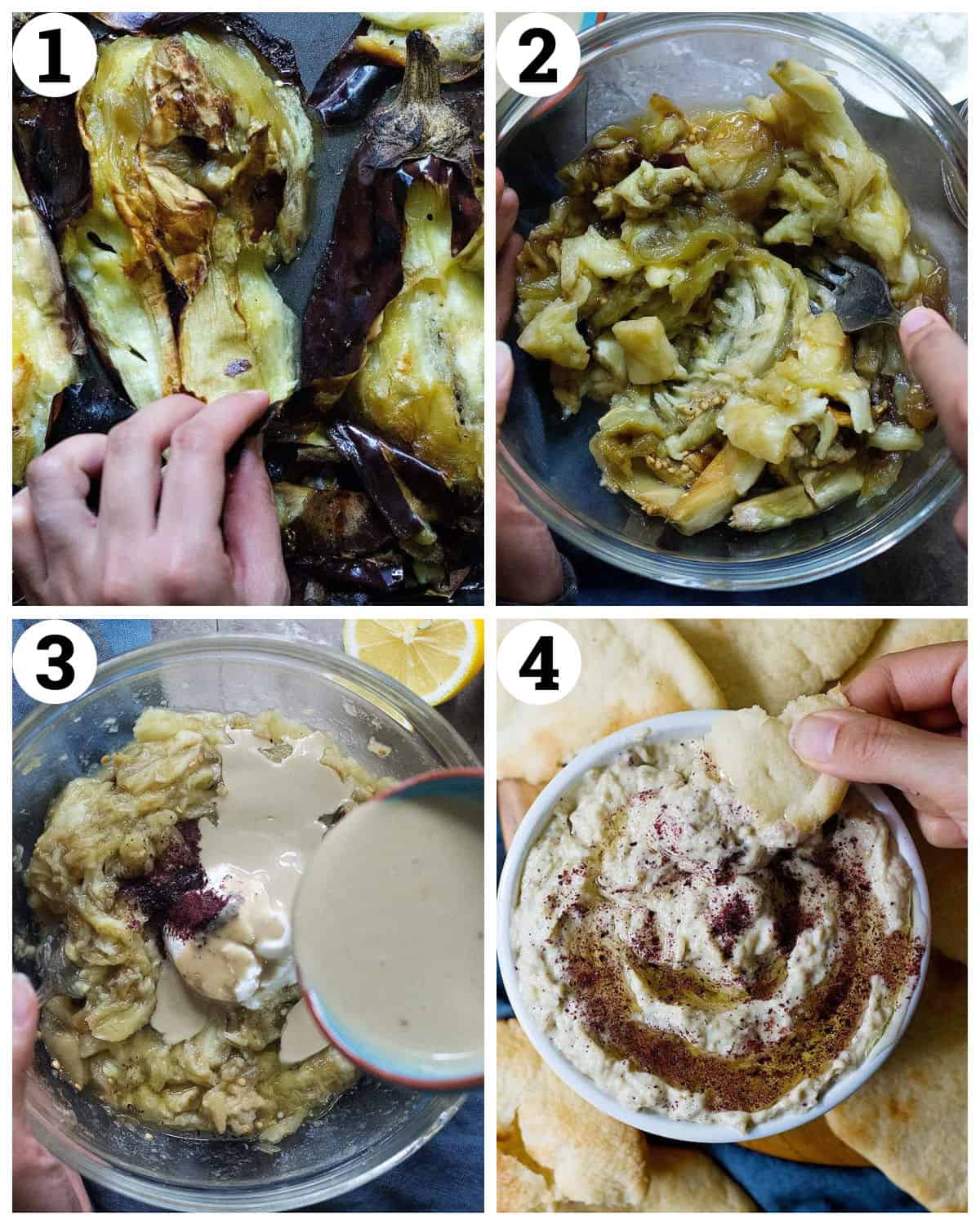 Char the eggplants over the flame. Then peel them, mash them, mix with tahini and sumac and top with olive oil. 