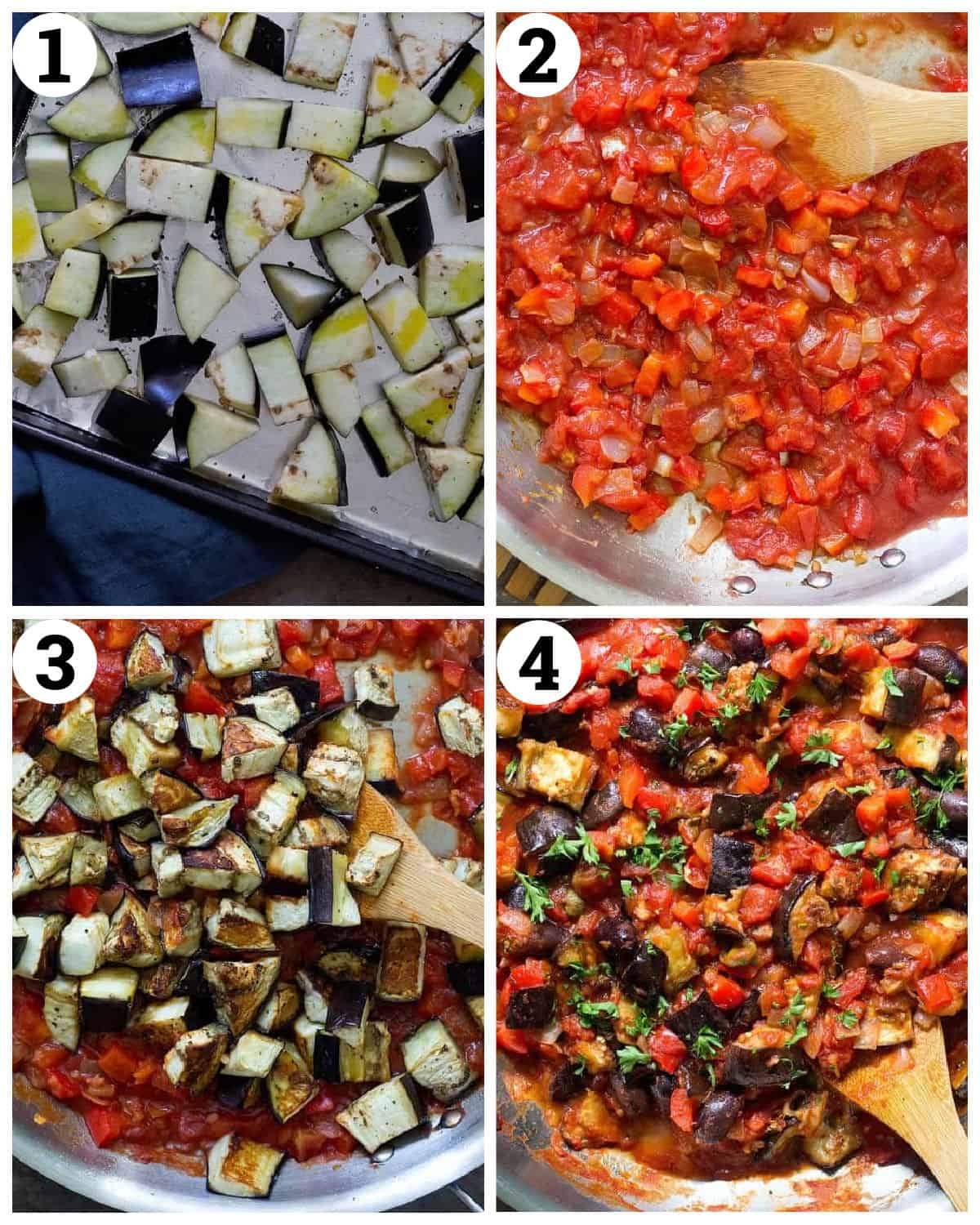 roast the eggplants cook the onions and pepper with tomatoes and eggplants.