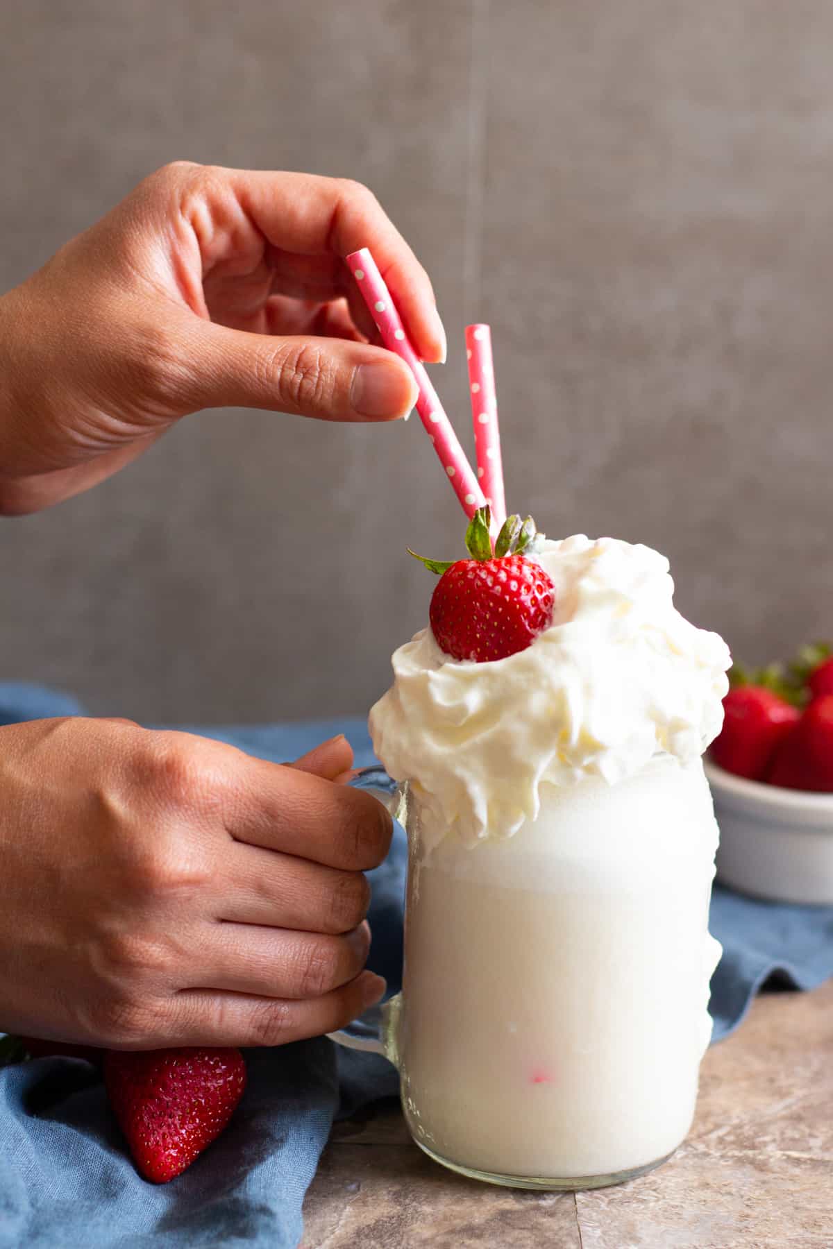 This vanilla shake is perfect for hot summer days. Top it with s strawberry for maximum flavor.
