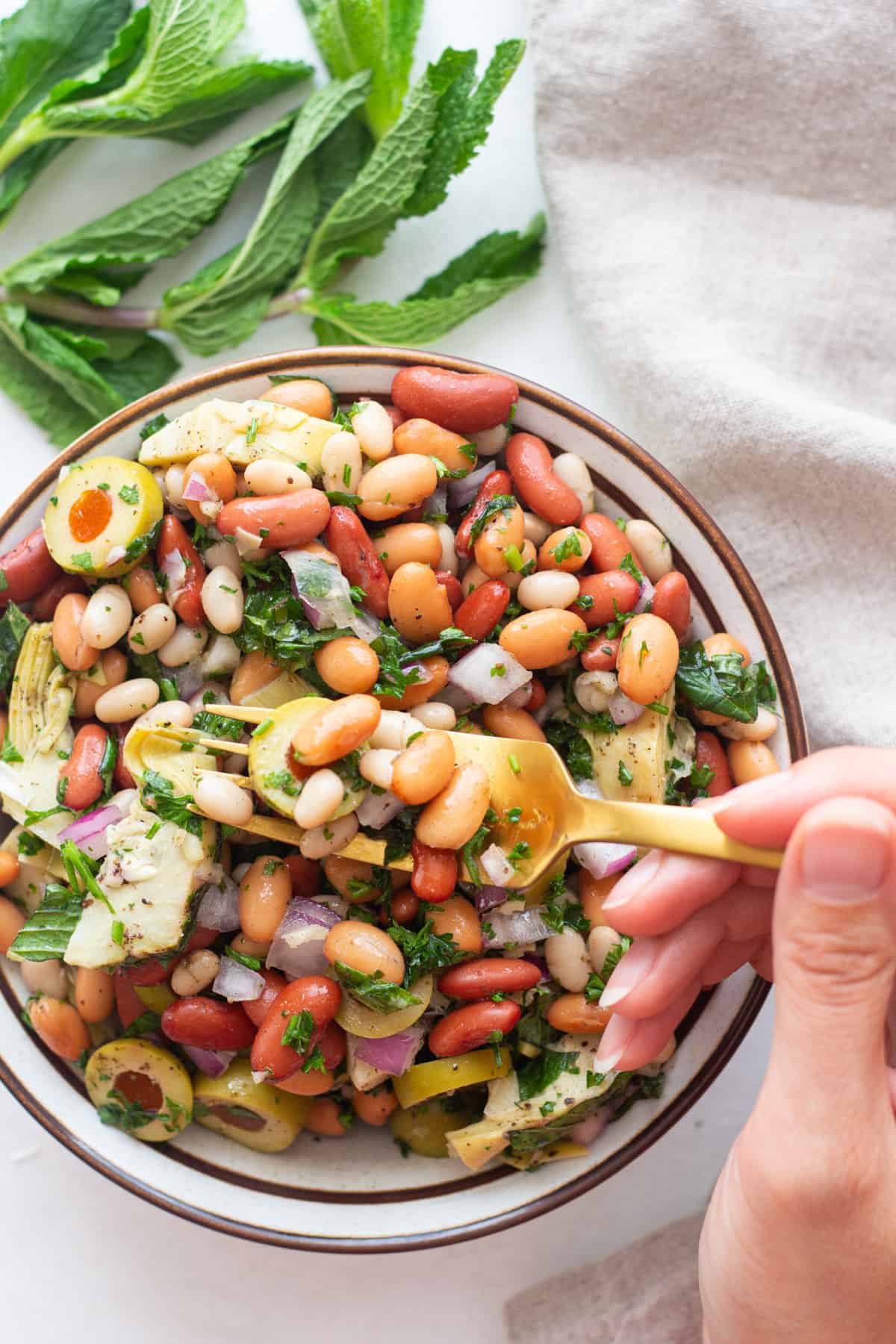 Mediterranean three bean salad in a b