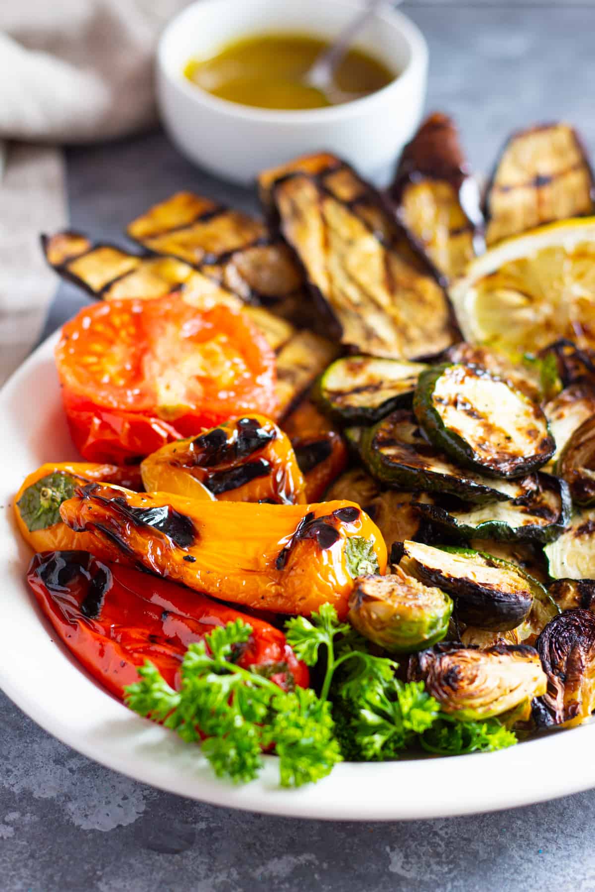 Close up shot of vegetables on a platter. 