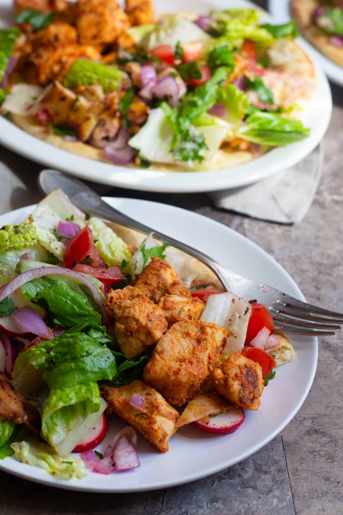 Serve chicken shish with salad and pita bread.