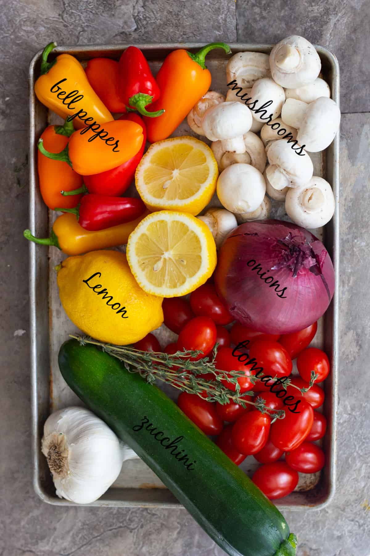 First of all, prepare all you ingredients. I used zucchini, red onion, red belle pepper, yellow bell pepper, mushrooms and cherry tomatoes.