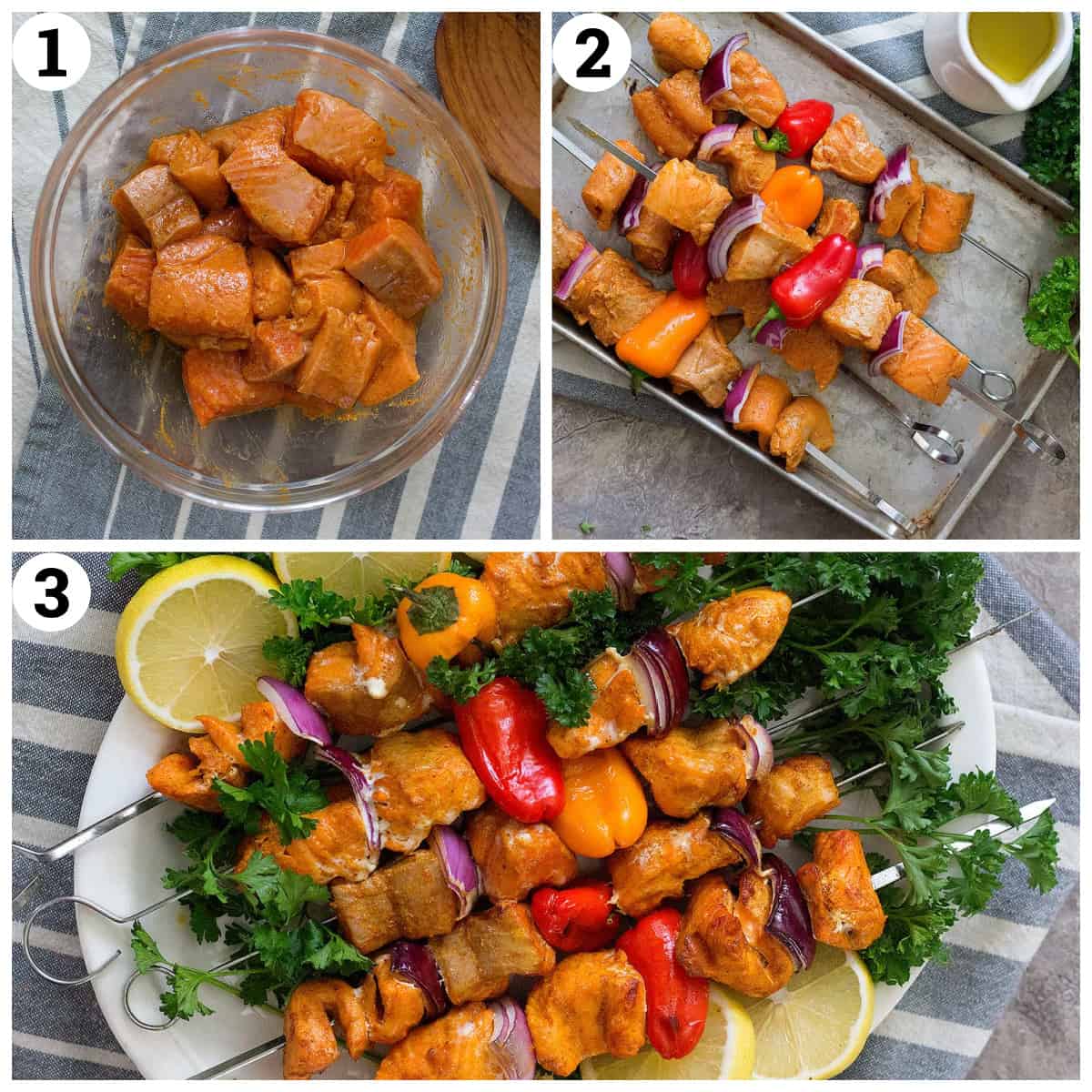 BBQ Salmon Kabobs marinate the salmon in spices, thread on skewers and grill for 5 minutes on each side.