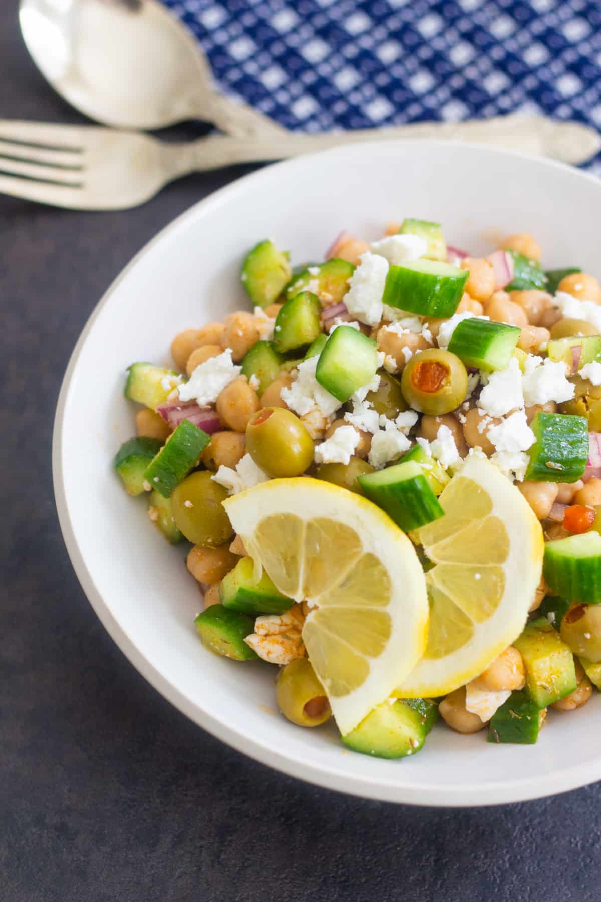 Mediterranean chickpea salad is filling and perfect for lunch. 