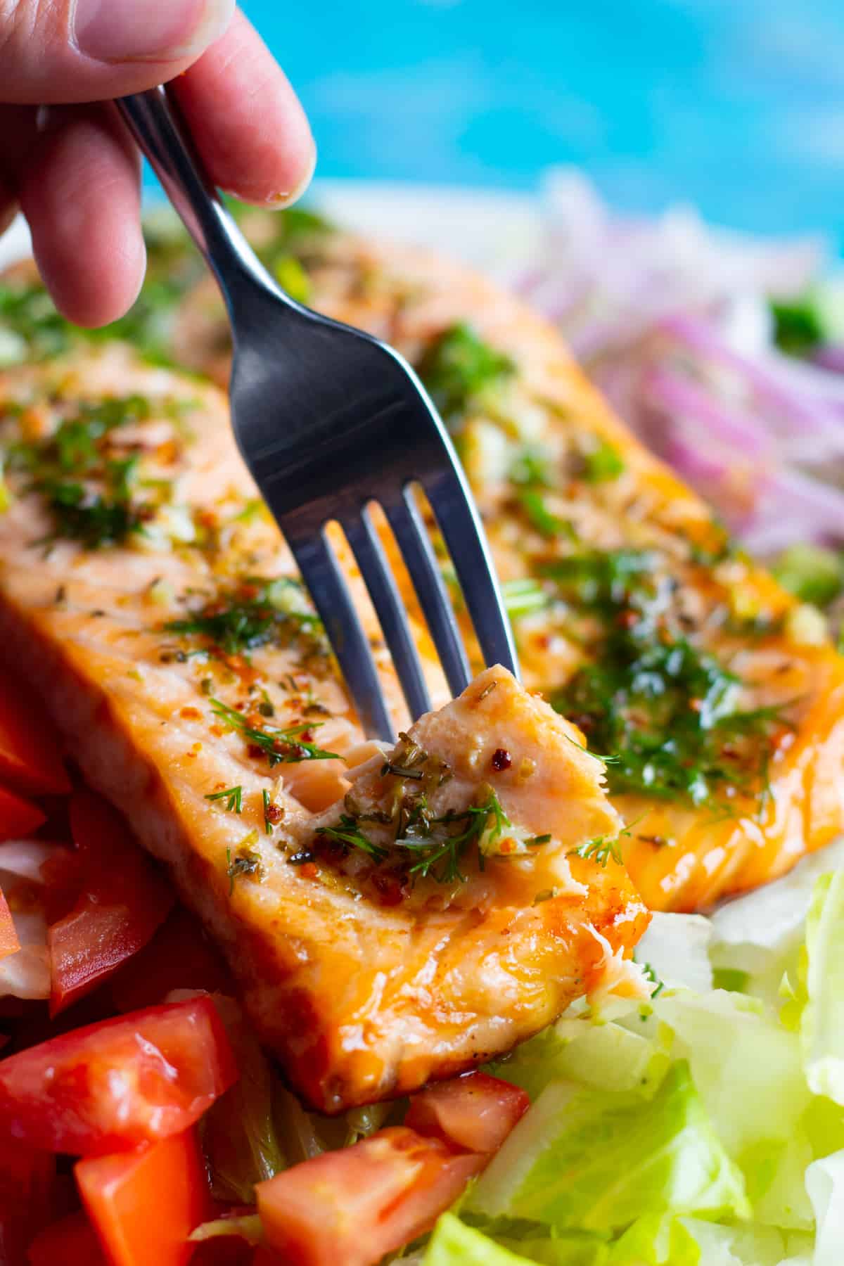 salmon on this salad is very flaky and perfectly cooked. It's topped with a lemon dill dressing. 