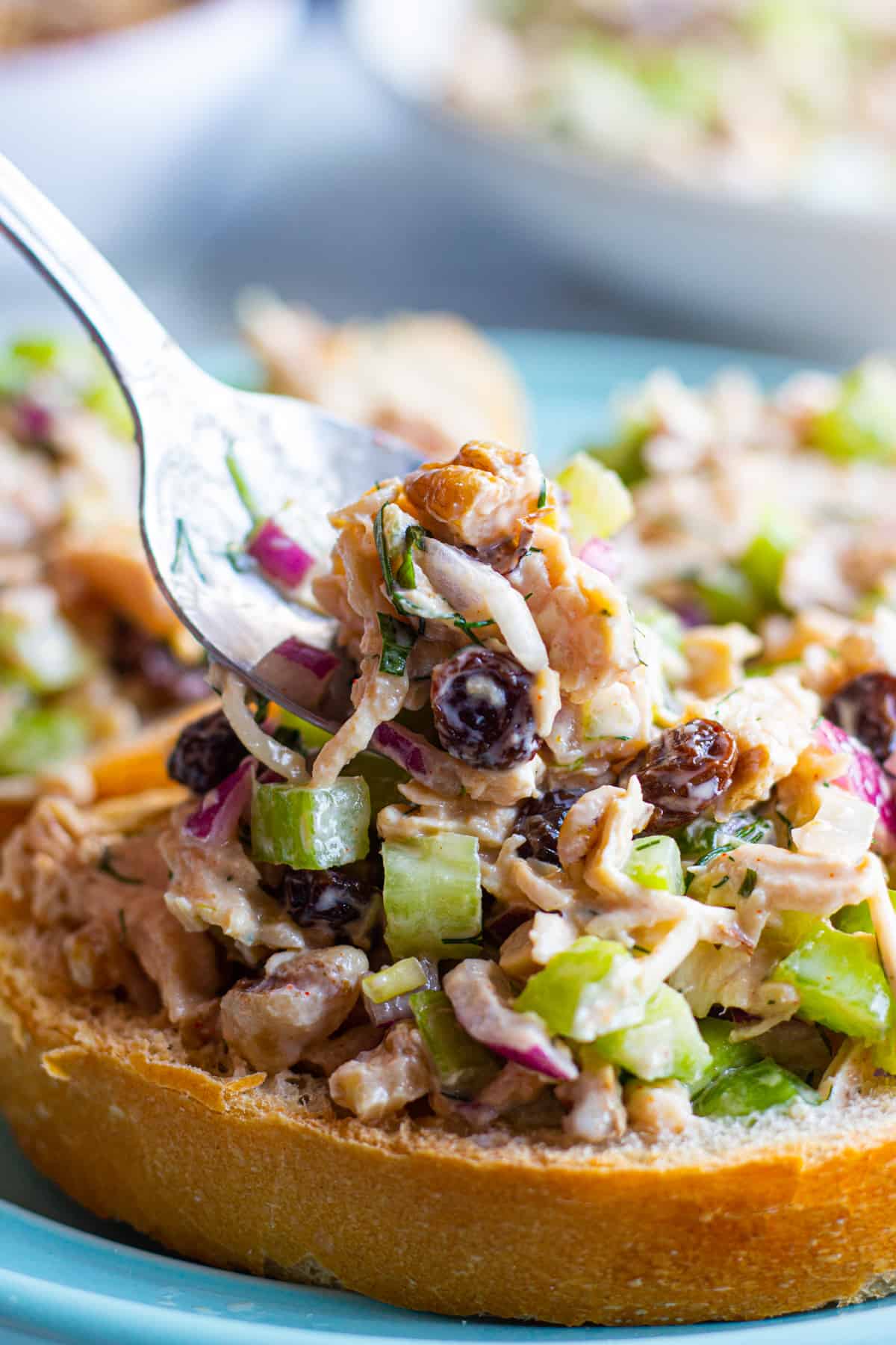 healthy chicken salad made with Greek yogurt served with a spoon