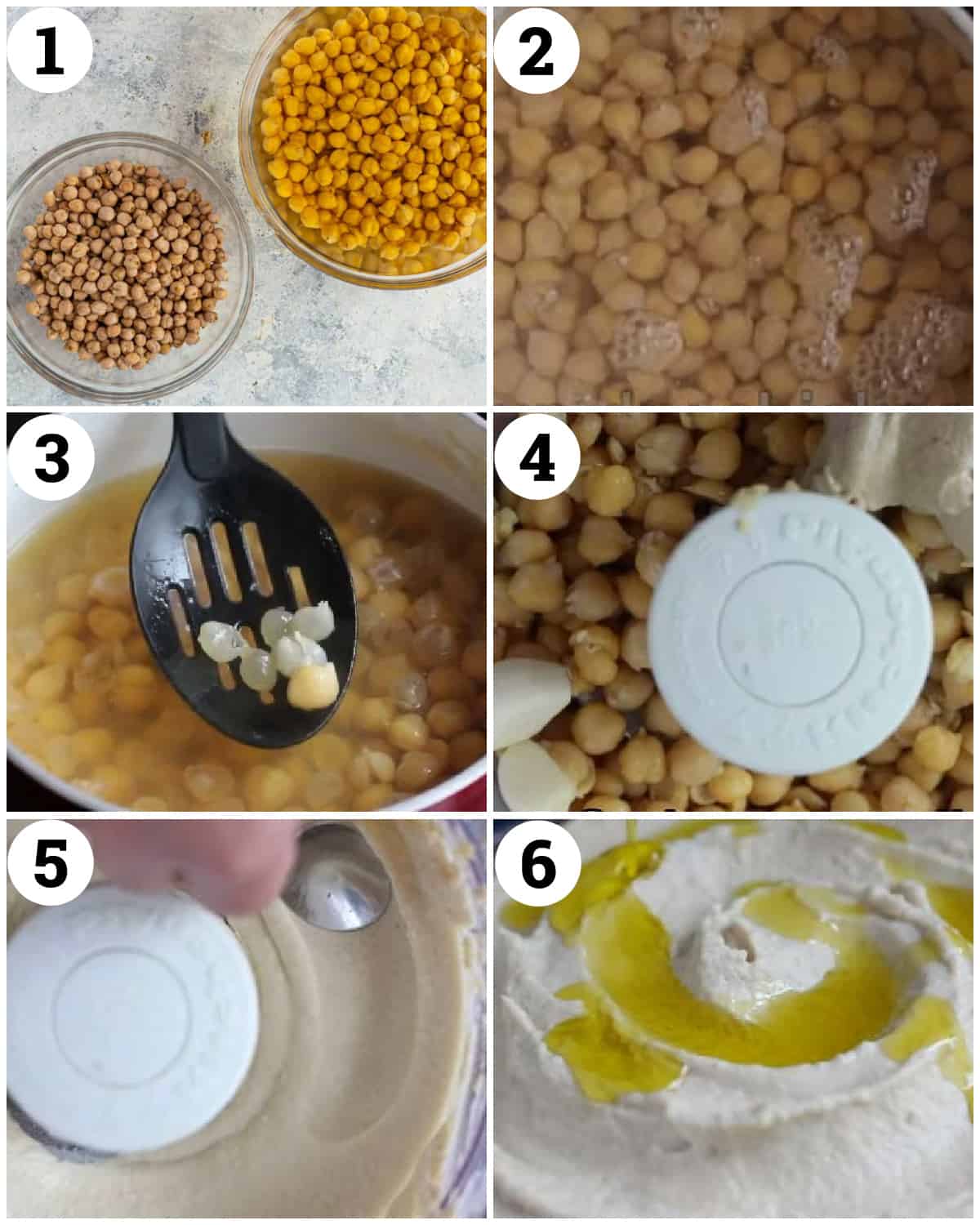 soak the chickpeas, boil them until tender. Blend with tahini and garlic and water. Drizzle with olive oil. 