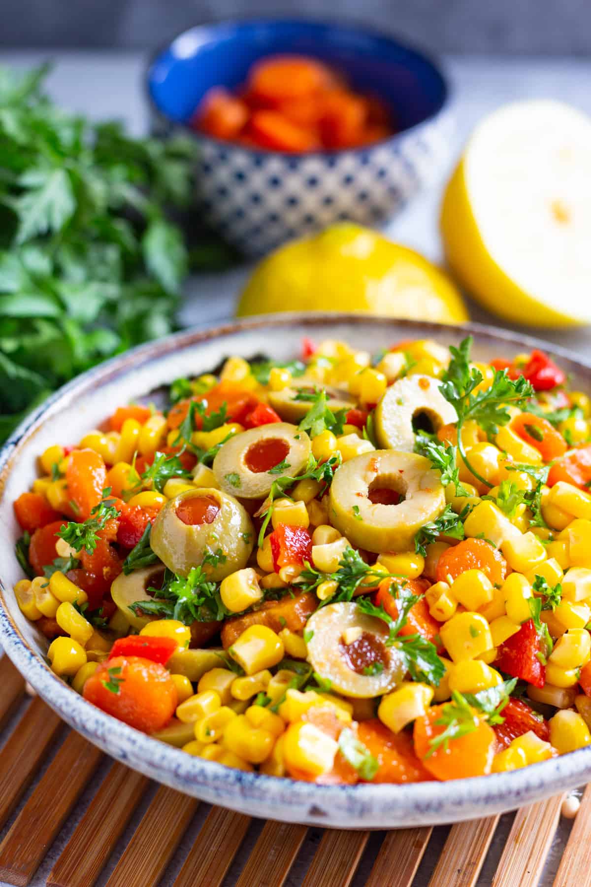 Mediterranean corn salad in a bowl. 