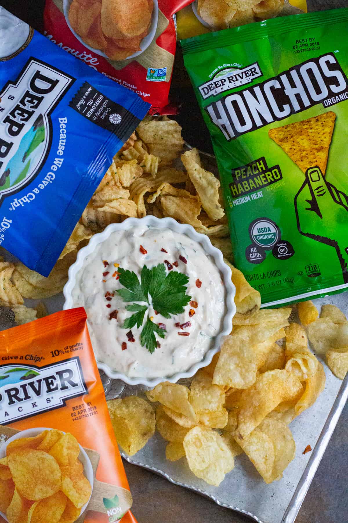 Overhead shots of chips and dip. 