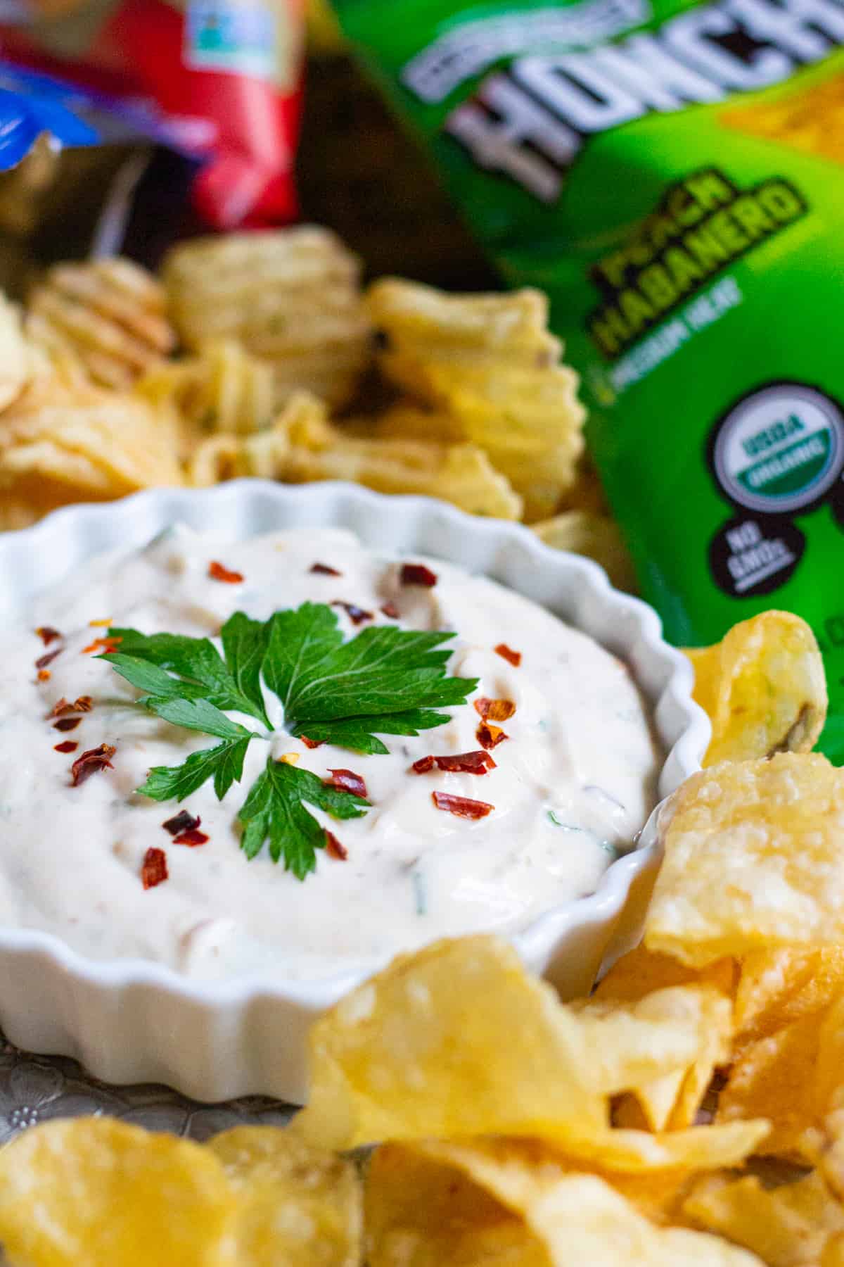 Roasted garlic dip with chips. 