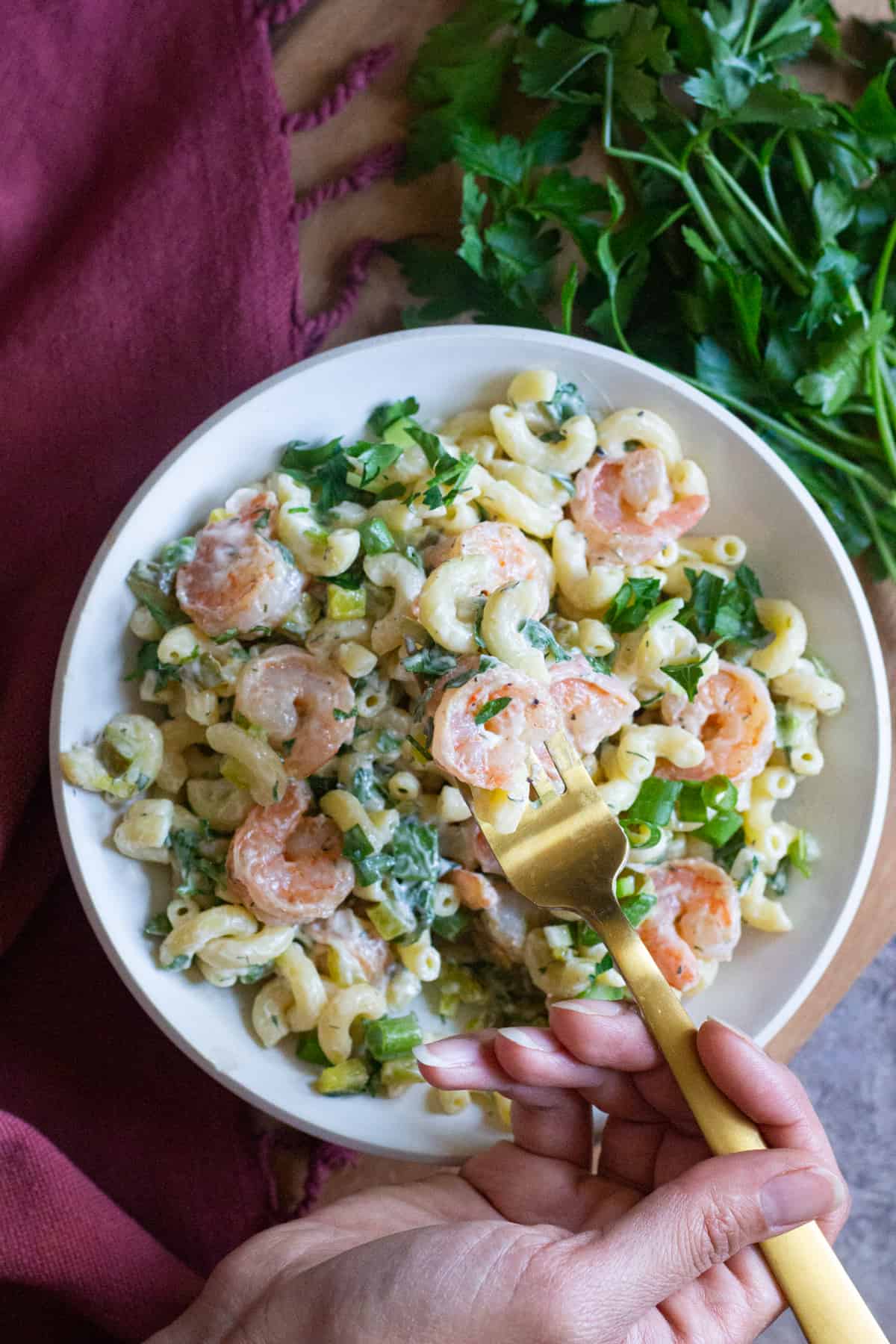 Serve cold shrimp pasta salad after chilling in the fridge for one hour.