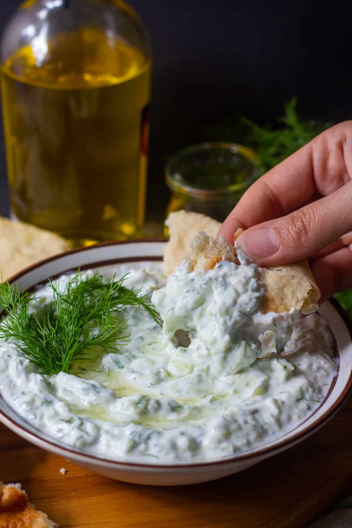 Greek Tzatziki sauce is served in a bowl with pita bread. 