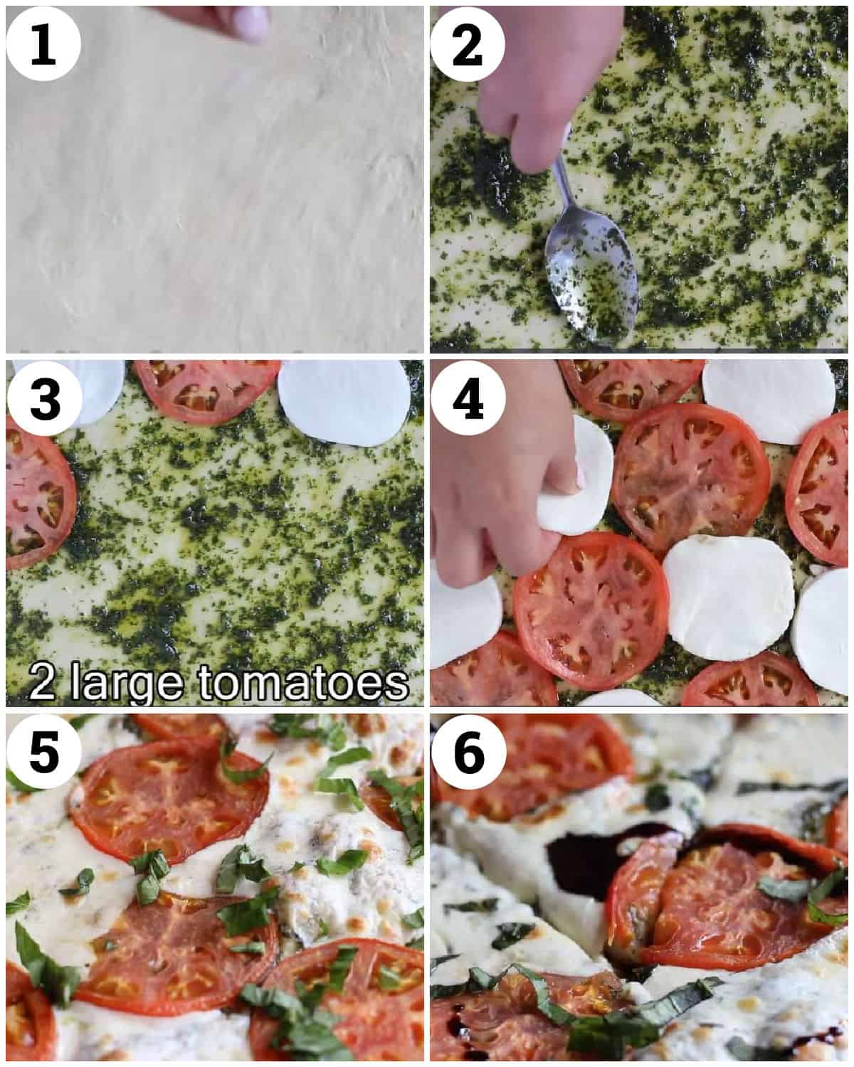 spread the pizza dough, brush with basil oil and top with tomatoes and mozzarella cheese. Bake in the oven until cheese is melted and dough is cooked. 