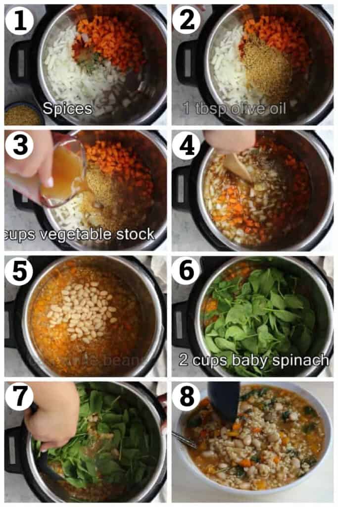 Mix all the ingredients and pour in vegetable stock. Cook and then add beans and spinach. 