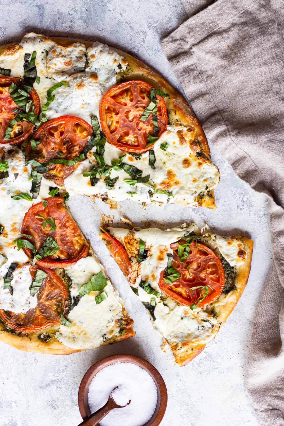 overhead shot of caprese pizza. 