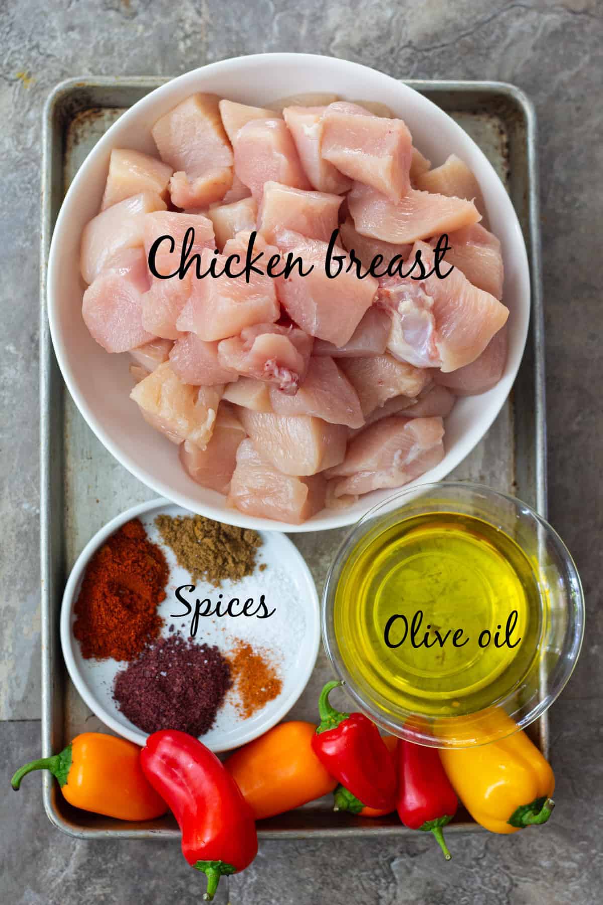 To make chicken kabobs you need chicken olive oil spices and peppers. 