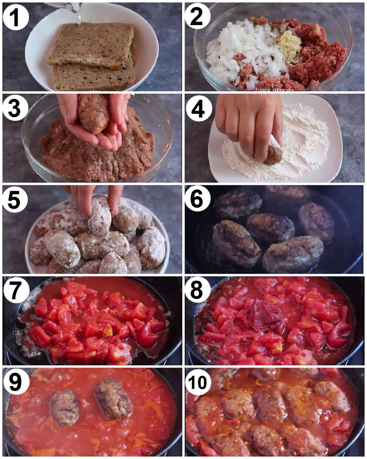 To make Soutzoukakia soak the bread with water then add to the beef and other ingredients. Roll in flour, sear and then cook in the tomato sauce. 