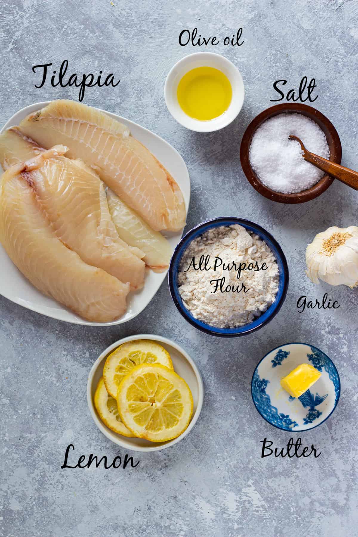 To make this tilapia recipe you need lemon, tilapia, garlic, butter, spices and olive oil.