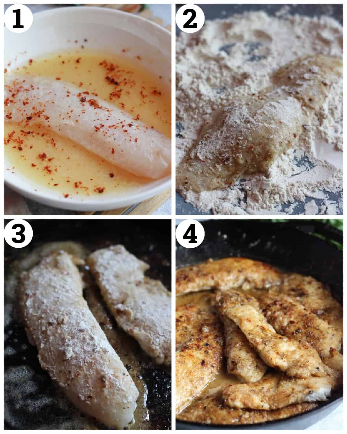 dip the fish in olive oil and spices, dredge in flour and sear on both sides. 