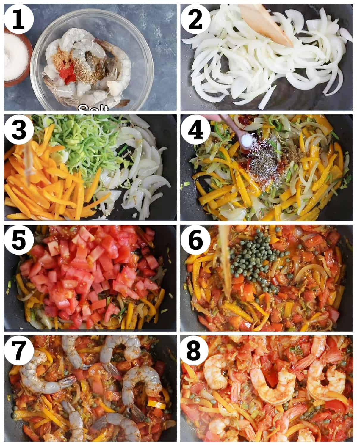 Marinate the shrimp, saute vegetables and add the shrimp.