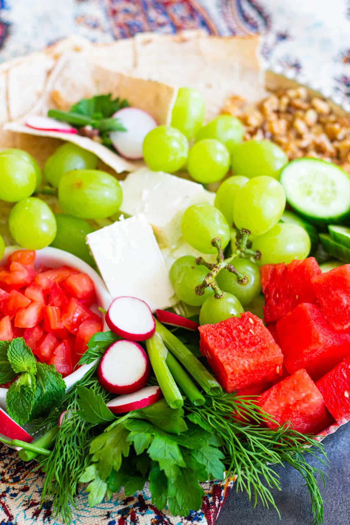 close up shot of appetizer platter. 