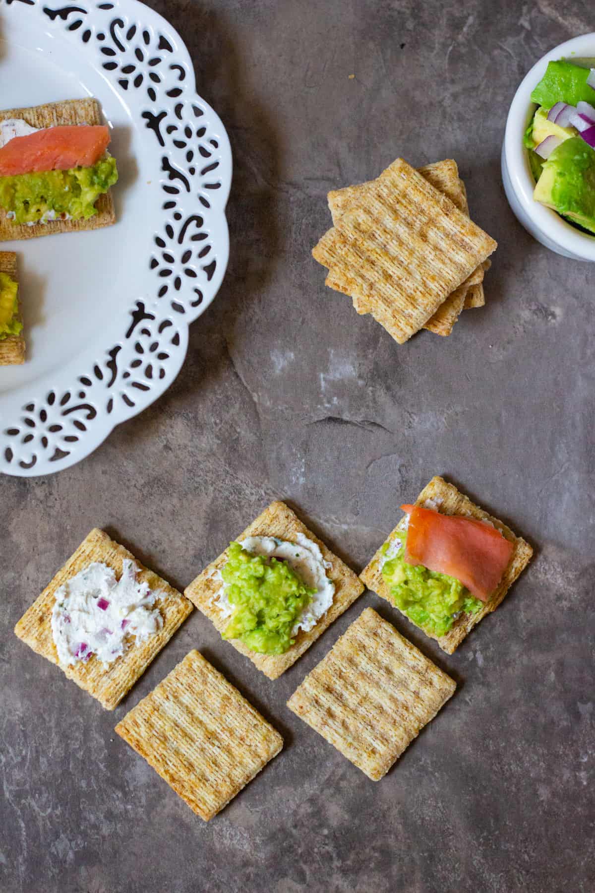 Have your guests go WOW with these Salmon Avocado bites! The smoked salmon pairs very well with goat cheese and smoked gouda crackers!