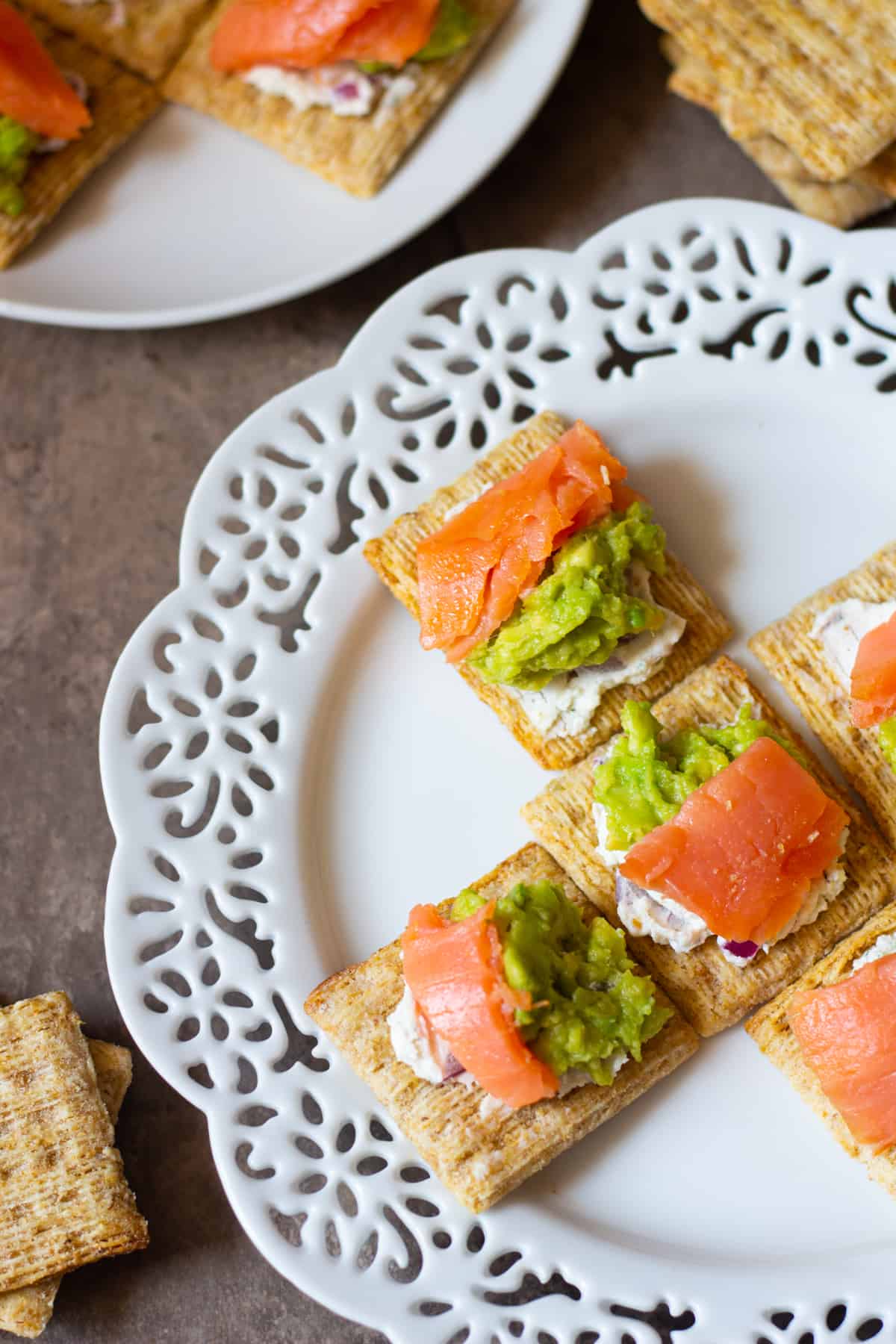 Have your guests go WOW with these Salmon Avocado bites! The smoked salmon pairs very well with goat cheese and smoked gouda crackers!