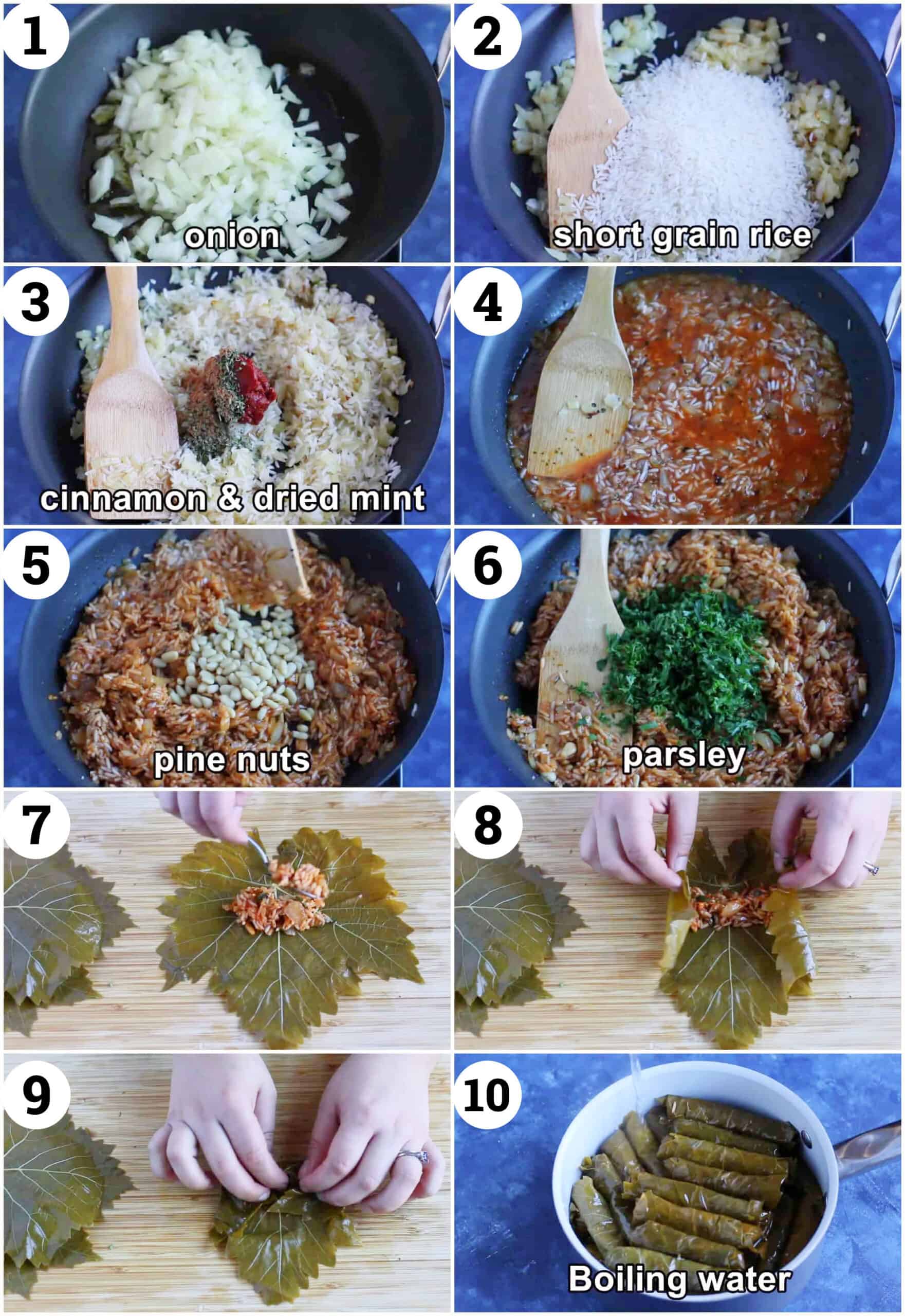 make the dolma filling by cooking onions and rice with spices and tomato paste. Add pine nuts and parsley then roll the dolmas. Cook with vegetable oil and water.