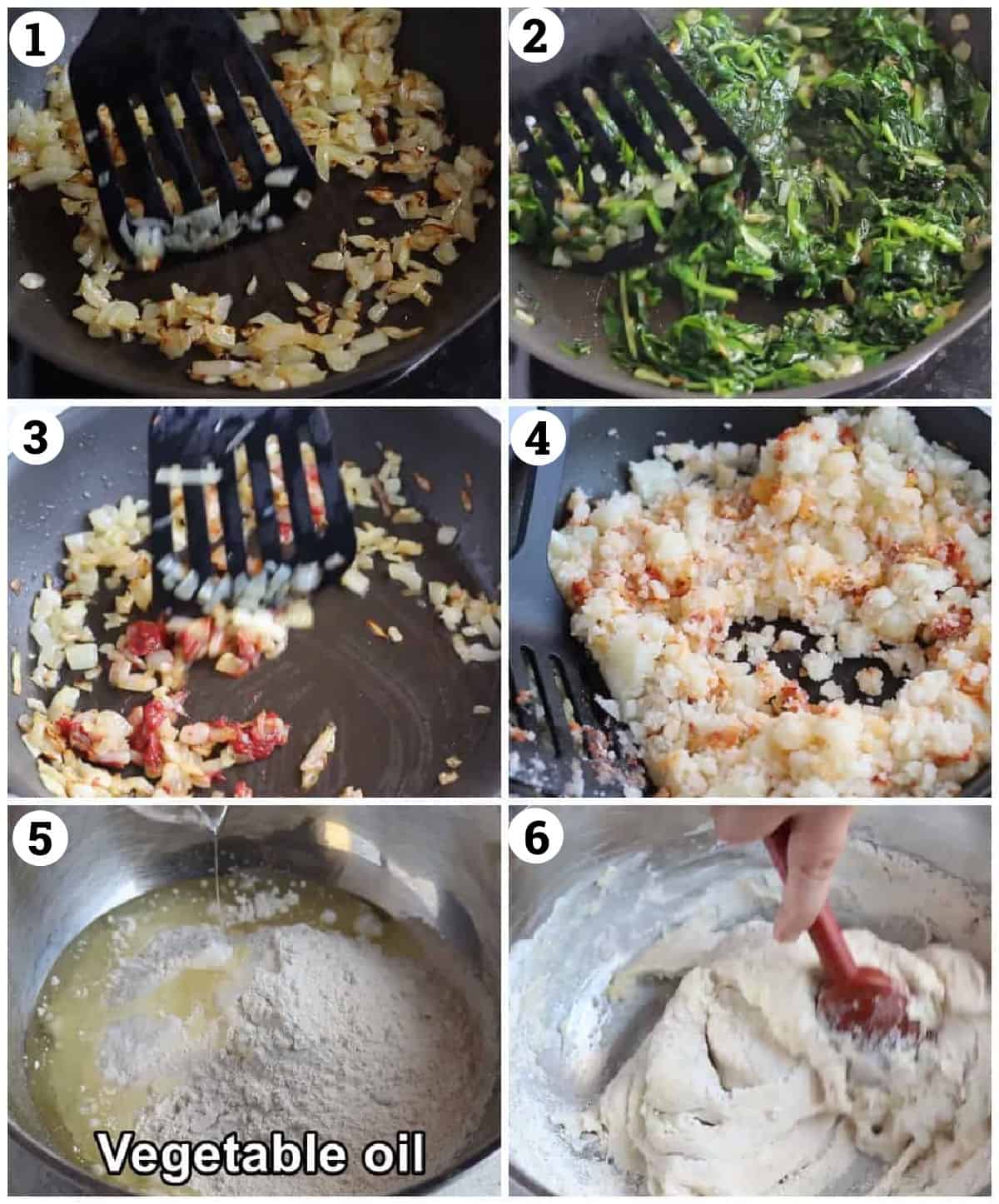 saute onion add spinach then for potato filling saute onion add potatoes mix the dough ingredients and let it rest