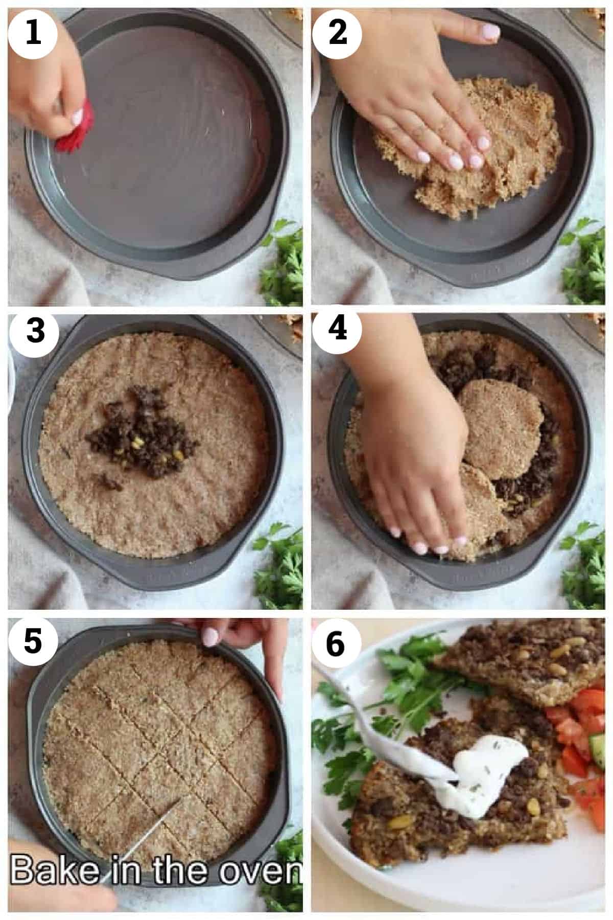 To make baked kibbeh, Coat the bottom of the pan with vegetable oil then spread some of the dough. Top with the filling and spread some more dough. Cut into diamonds and bake until fully cooked. Serve with yogurt sauce. 