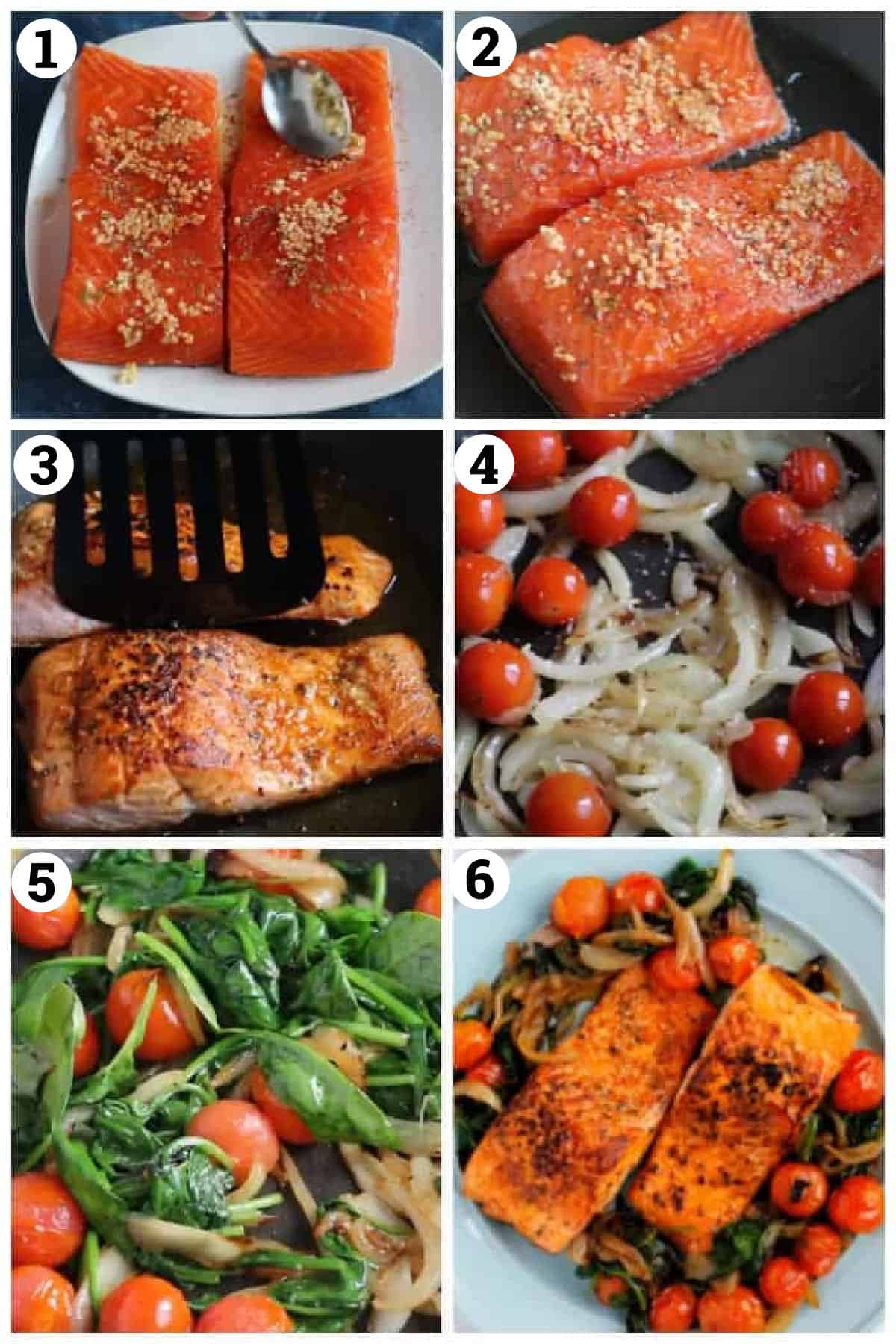 Step by step photos to make pan seared salmon. Brush the fillets with some olive oil and season with spices and garlic. Sear the salmon for 4 minutes in each side until opaque and cooked through. As a side dish, saute onions, tomatoes and spinach to serve with salmon. 