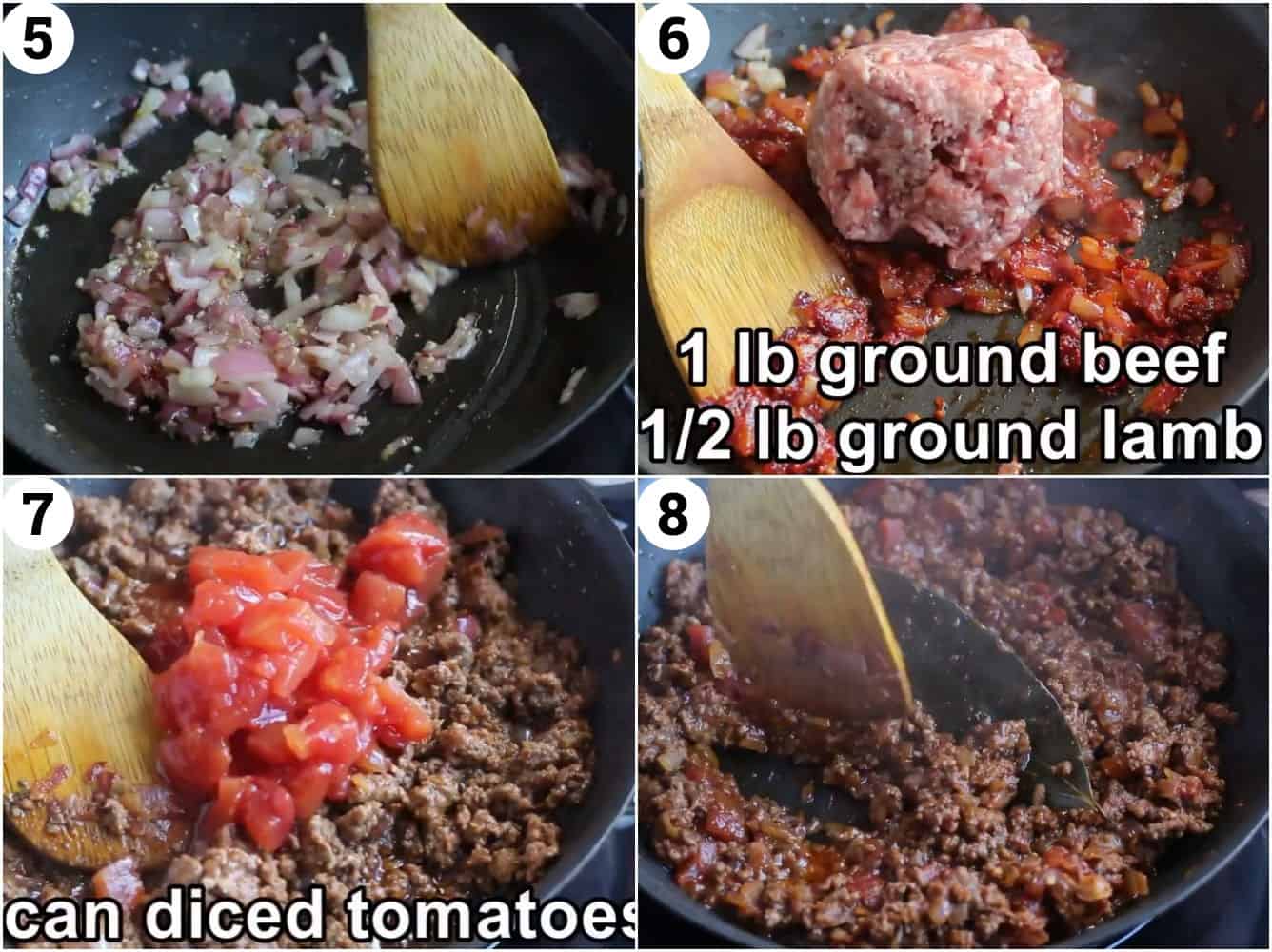 to make the meat sauce saute onion and garlic add tomato paste and ground meat then add the tomatoes and cook.