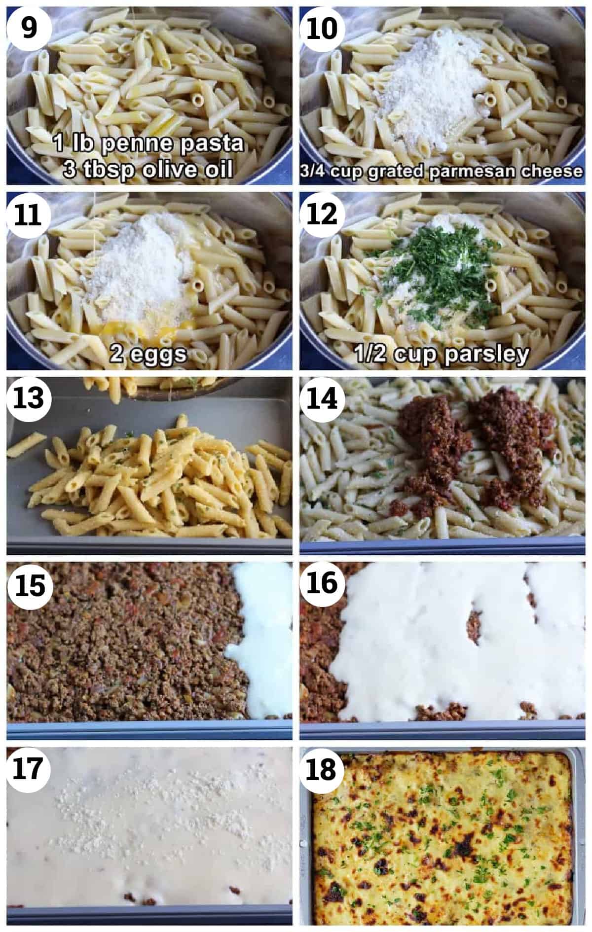 cook the pasta, add parmesan, add eggs and parsley. Layer with the meat sauce and white sauce. Bake in the oven. 