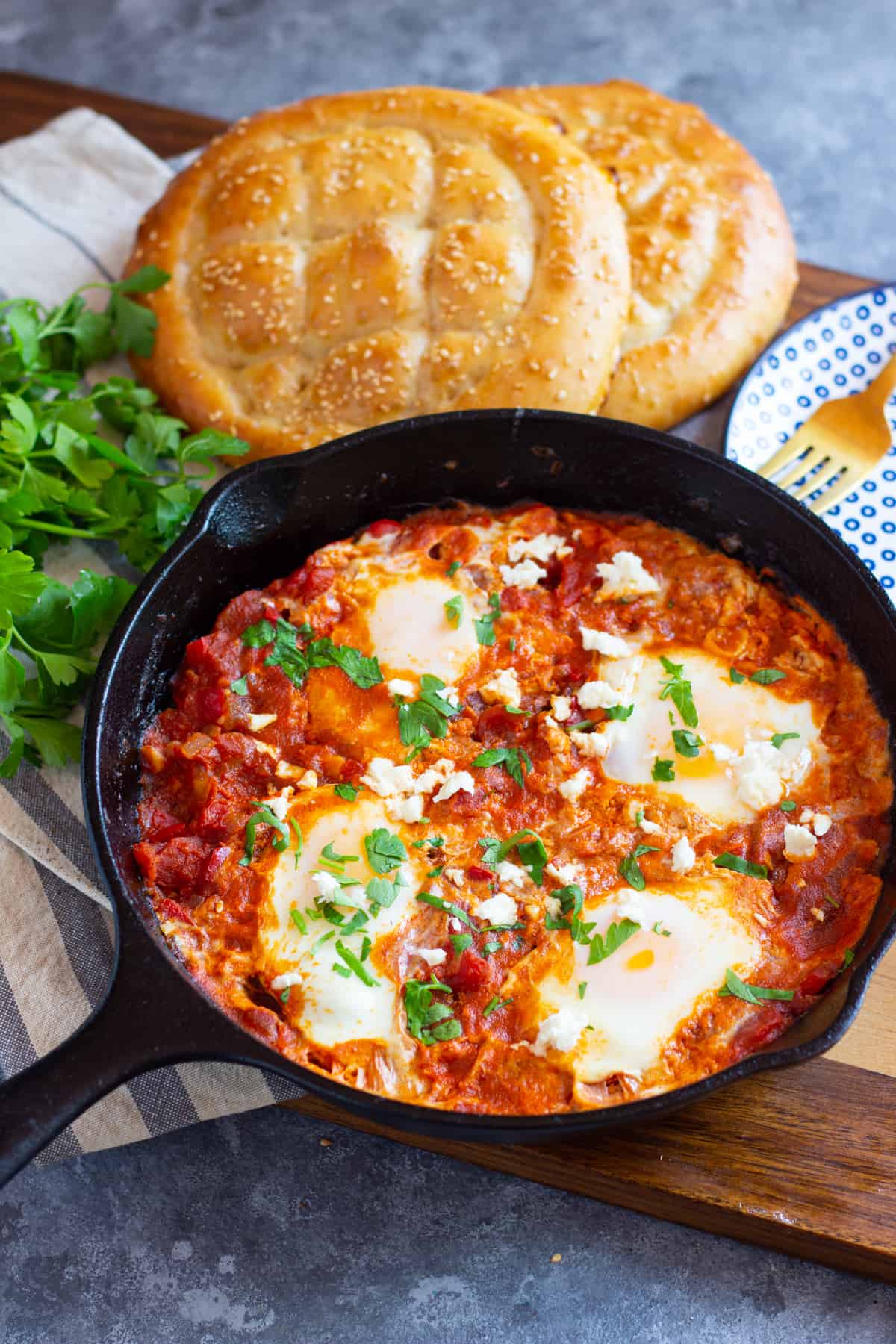 shakshuka with feta in a cast iron pan