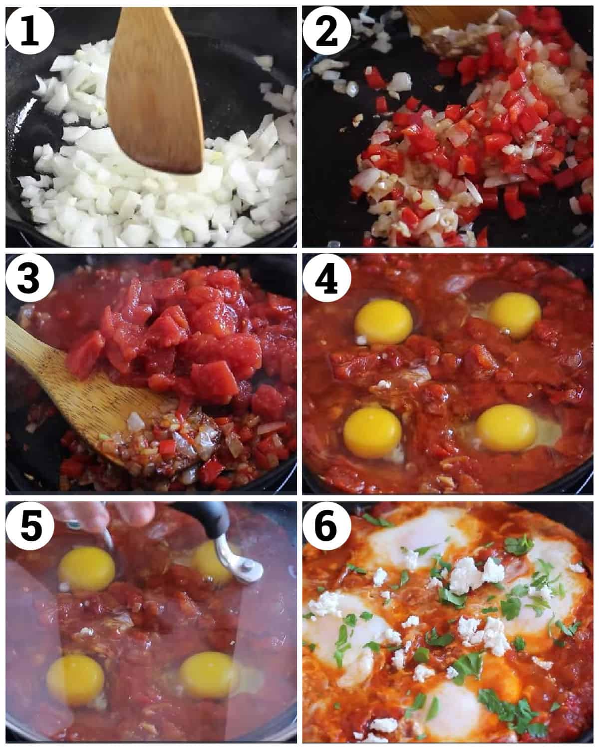 cook the vegetables with tomatoes then add the eggs and cook for a few minutes top with feta and parsley.