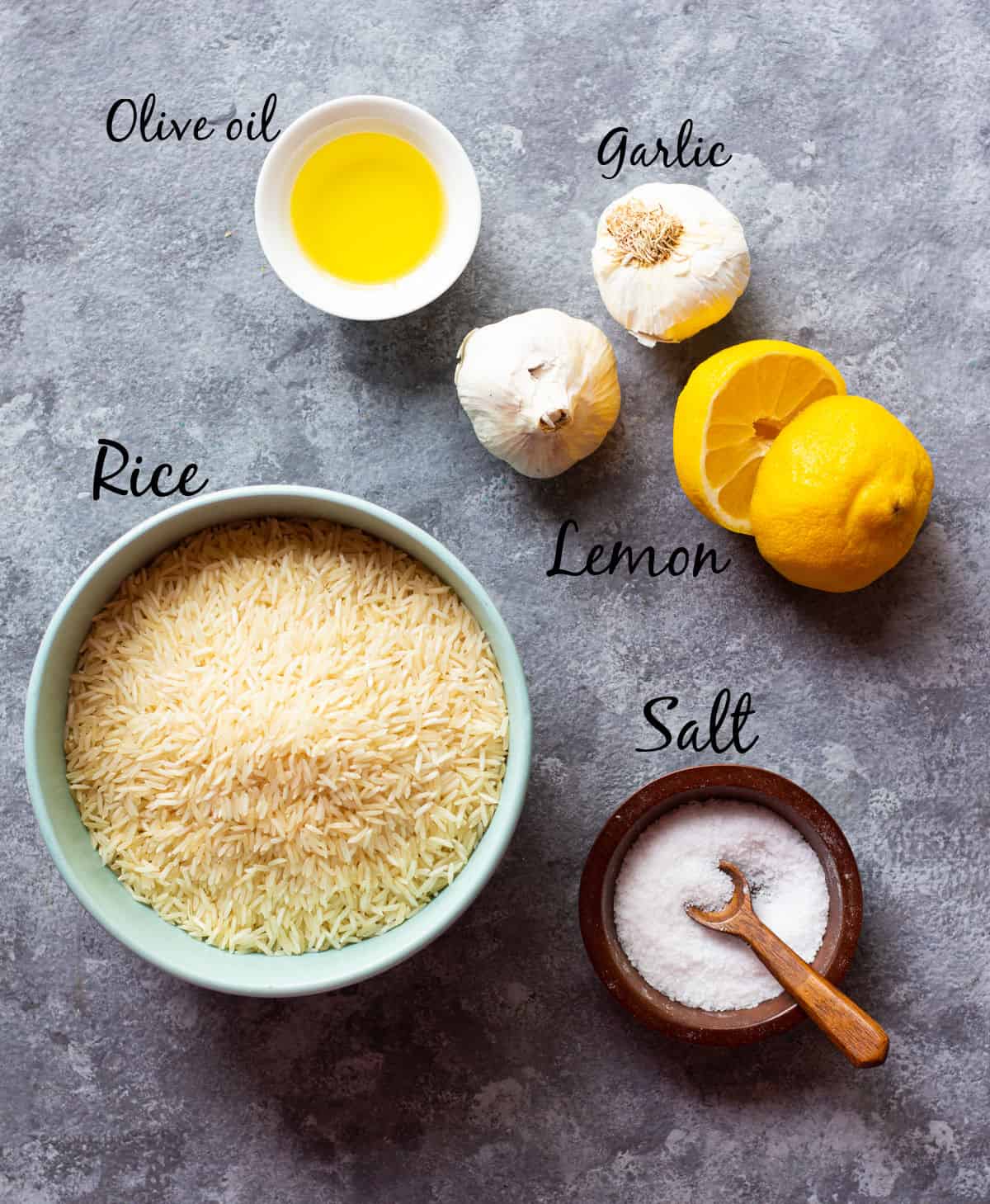 ingredient shot with rice lemon salt and garlic. 