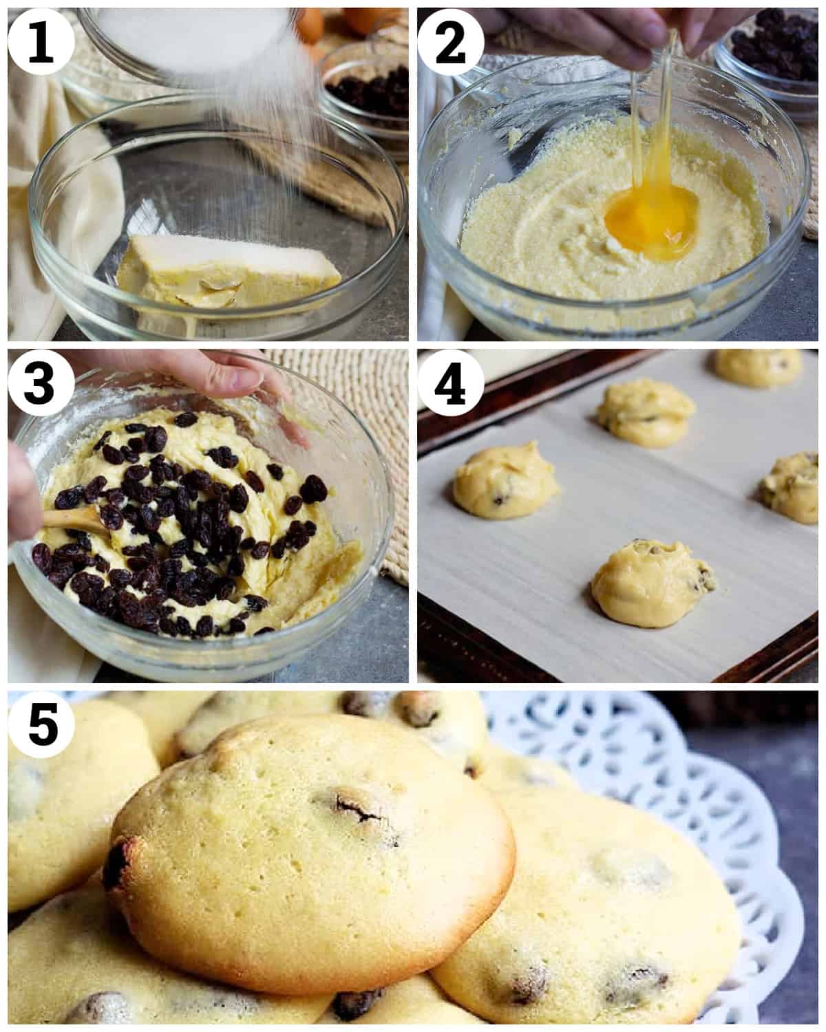 cream butter and sugar, add eggs and the dry ingredients, add the raisins and bake. 