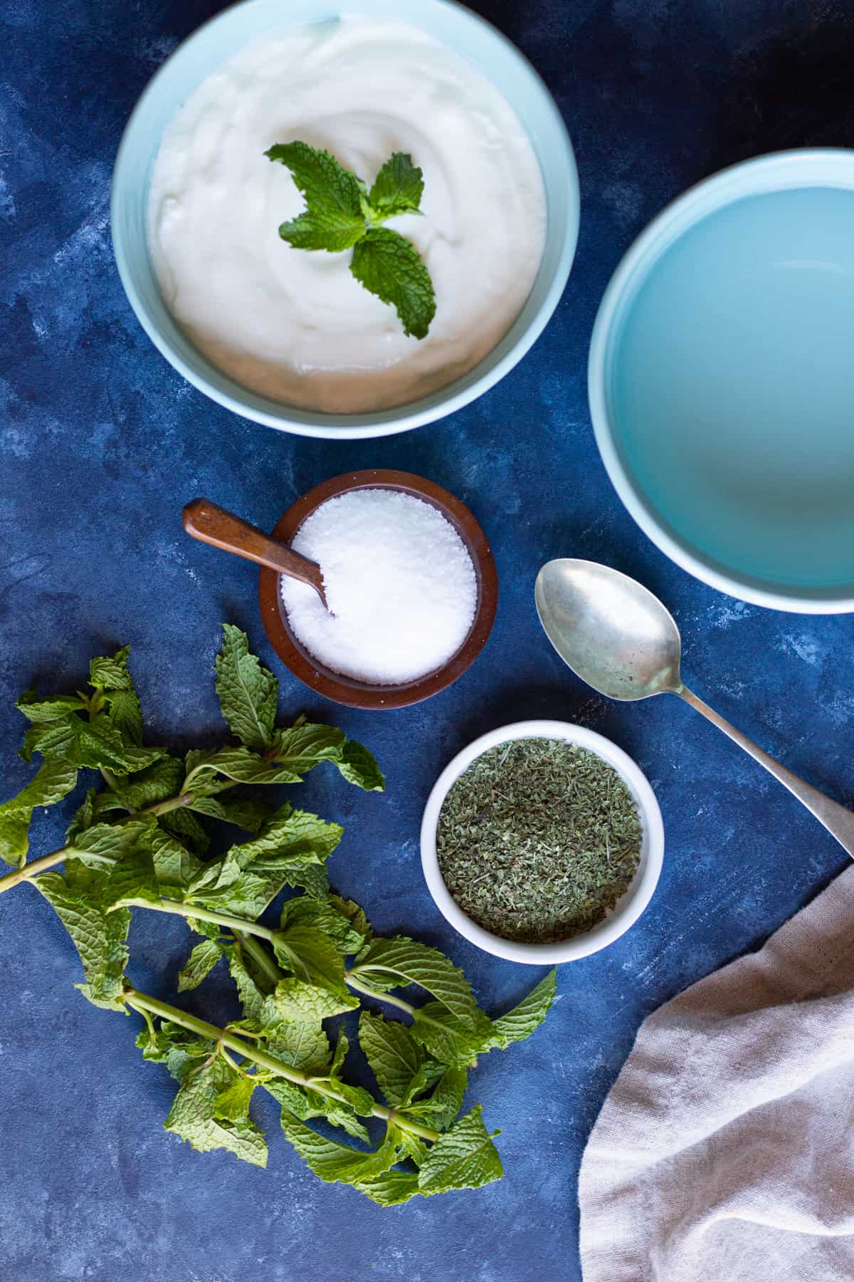 ingredients shot with yogurt, salt, water and dried mint.
