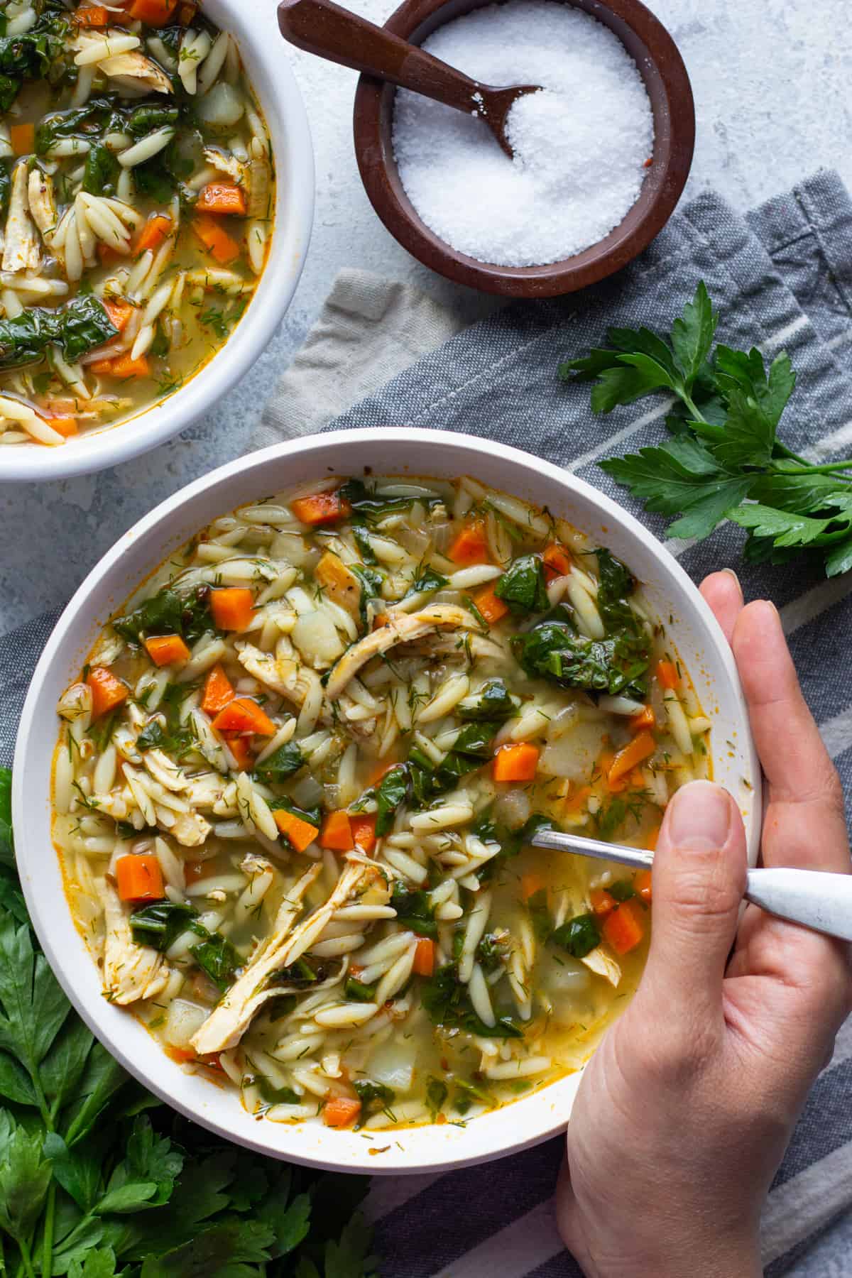 Greek orzo soup with lemon and chicken. 