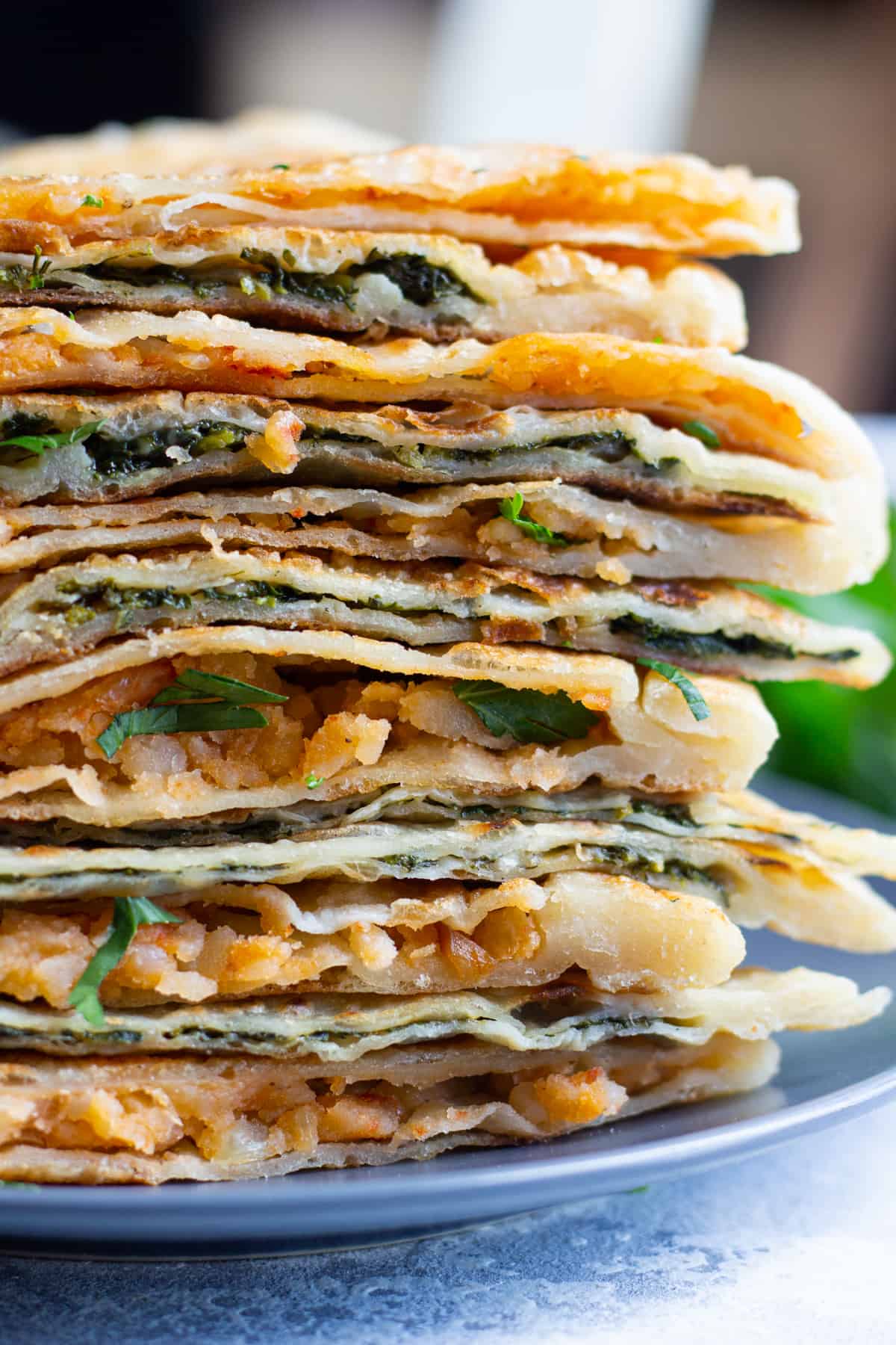 Gozleme can be made with different fillings such as spinach and potatoes.