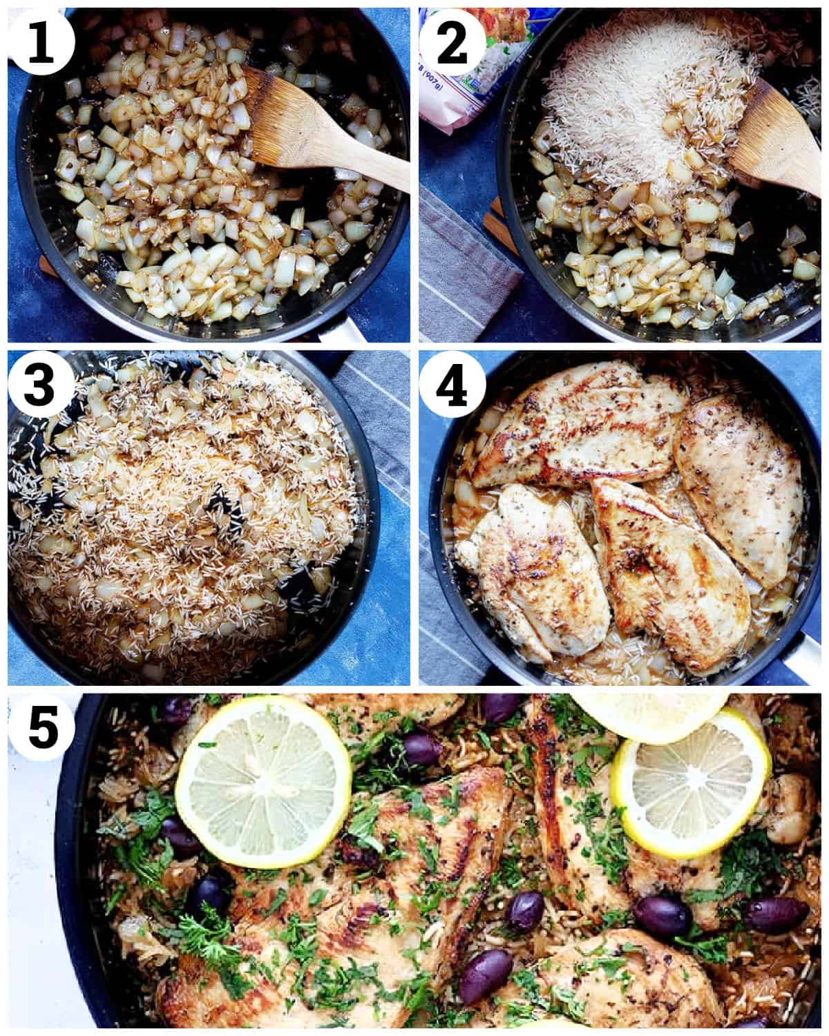 saute onion and garlic add rice and spices place the chicken and add water.