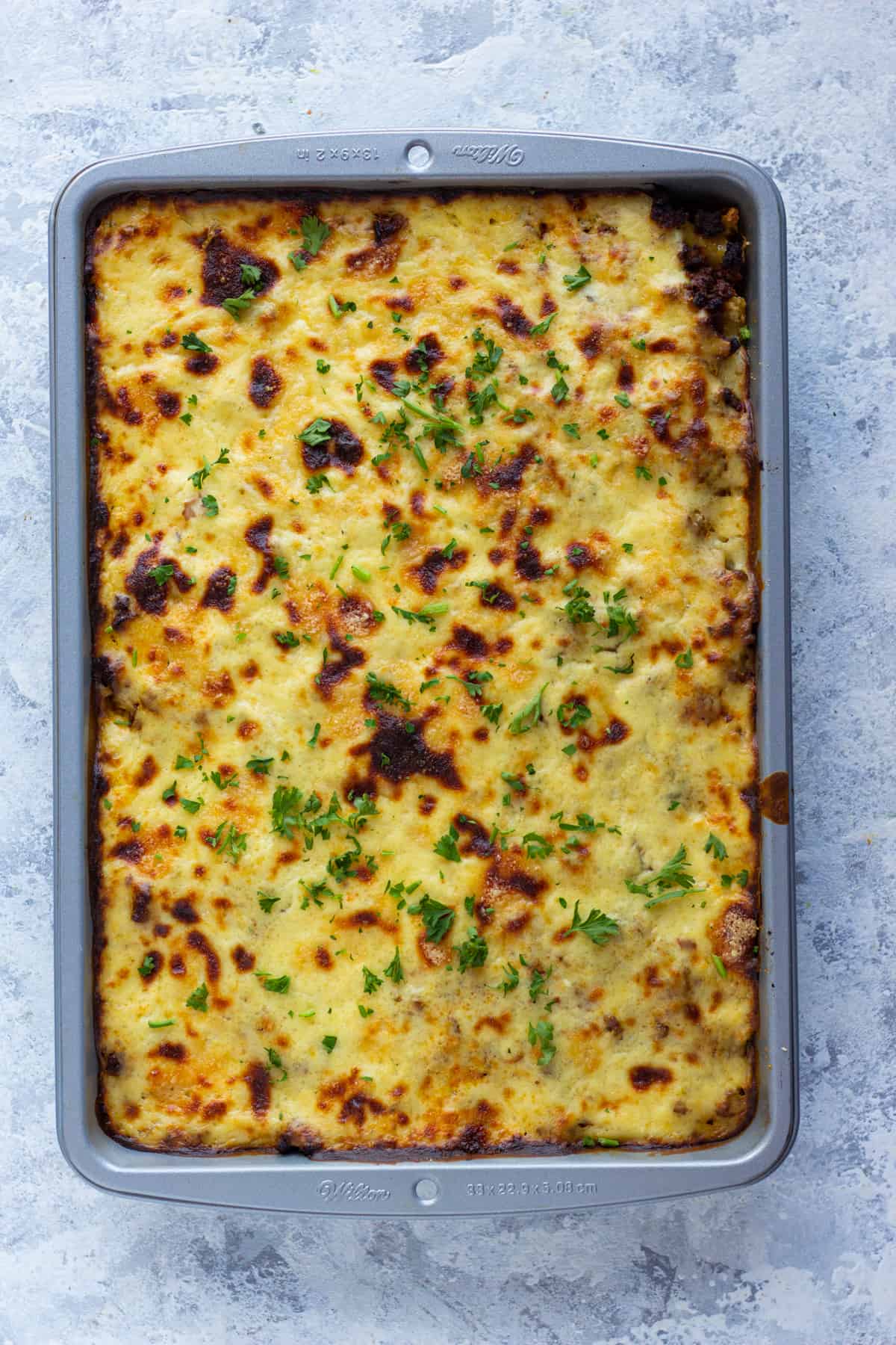 Bake pastitsio recipe in a 9x13 pan. 