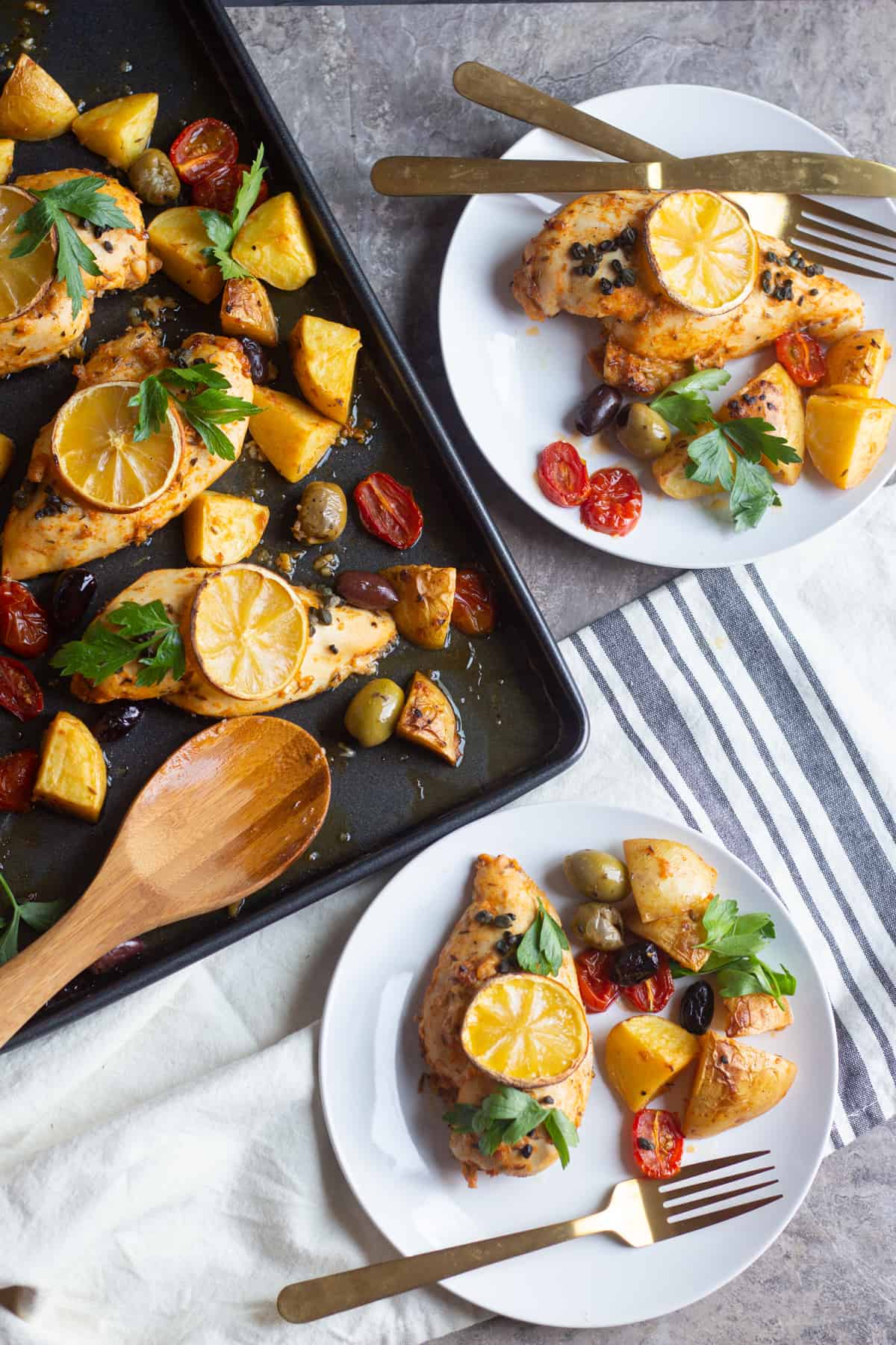 Mediterranean sheet pan chicken and potatoes with capers, olives and parsley