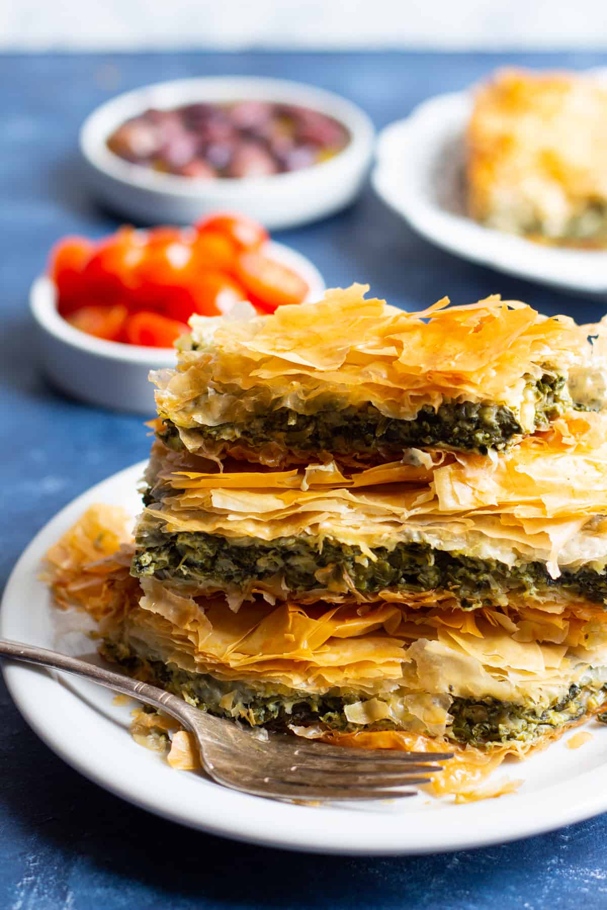 Layers of Greek spinach pie on top of each other. 