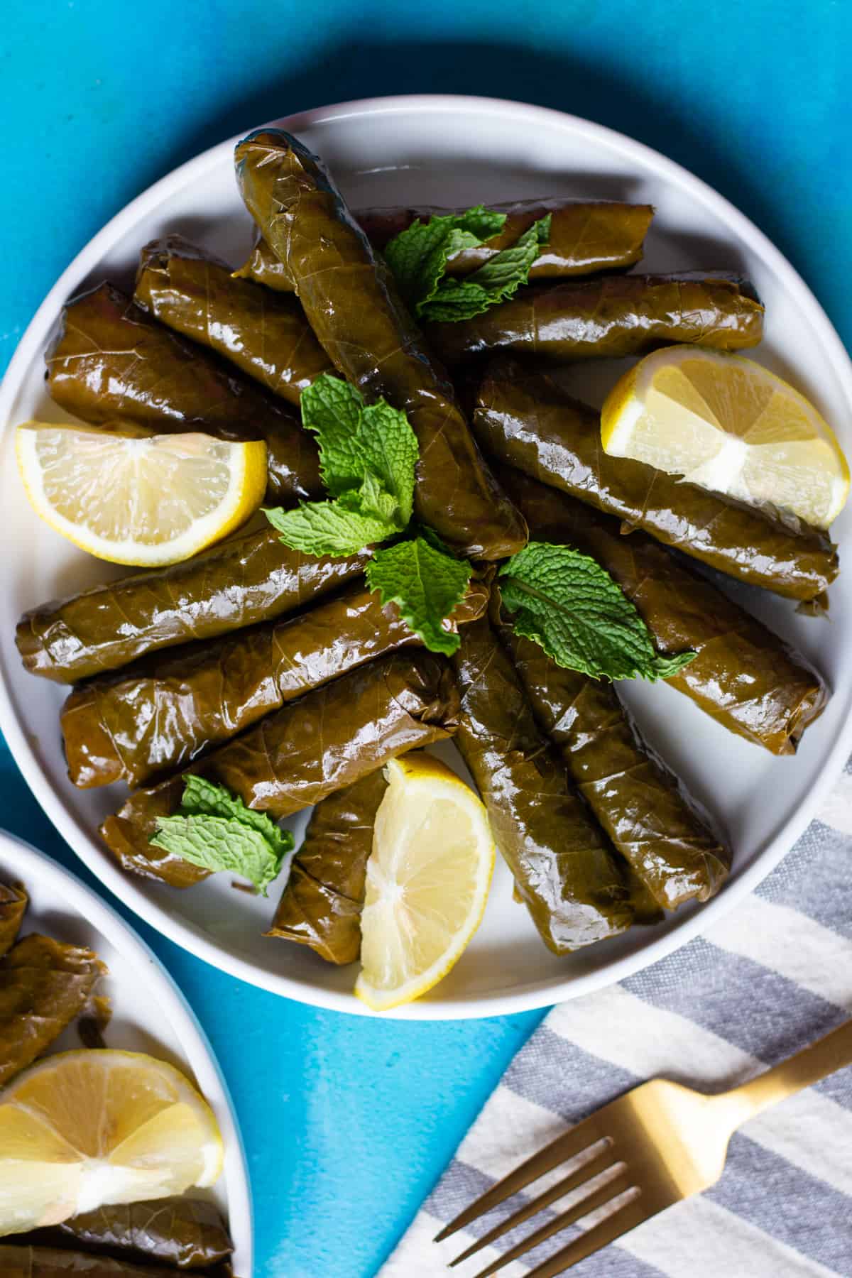 A plate of dolma also known as stuffed grape leaves. 