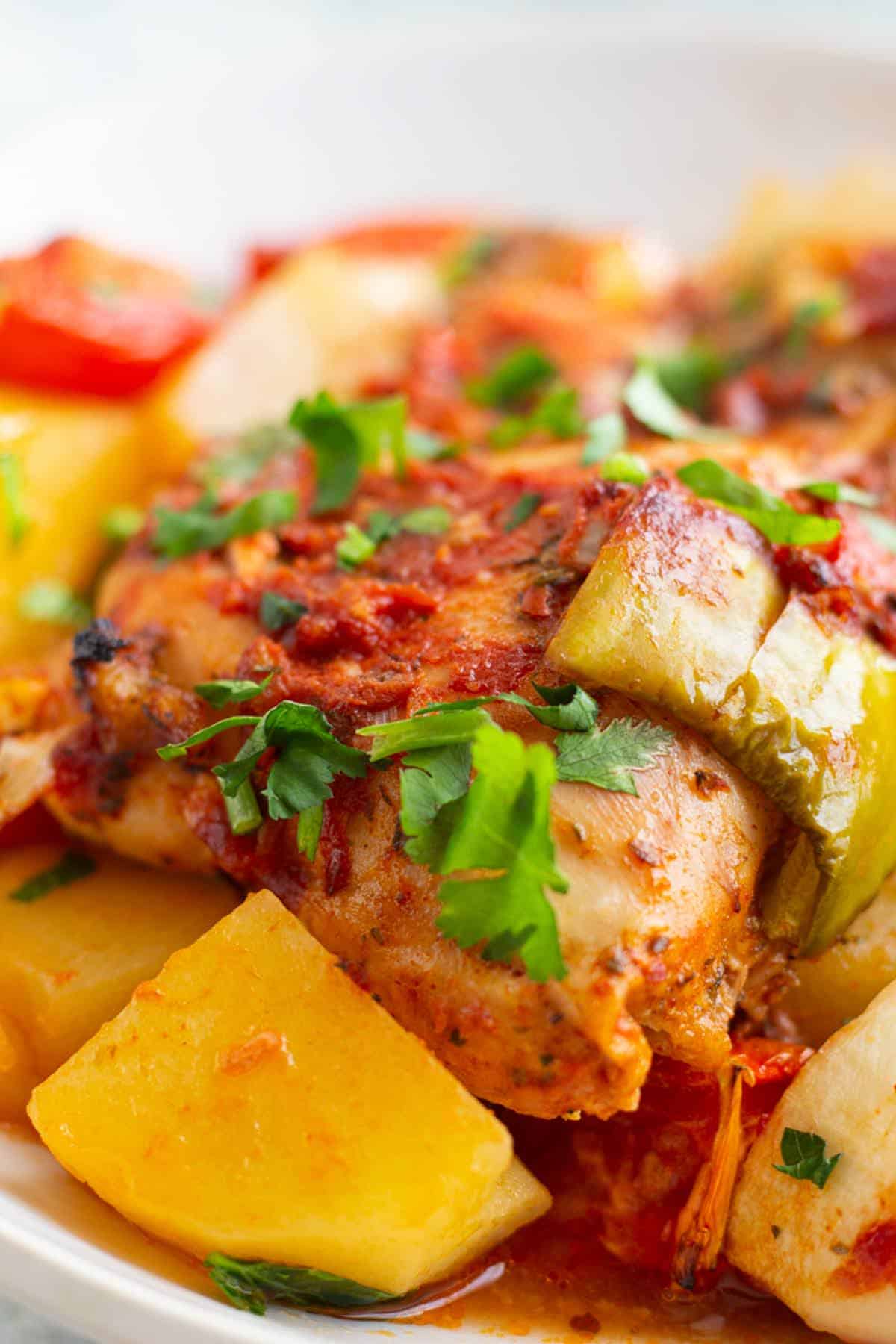 Close up shot of chicken with vegetables in tomato sauce.