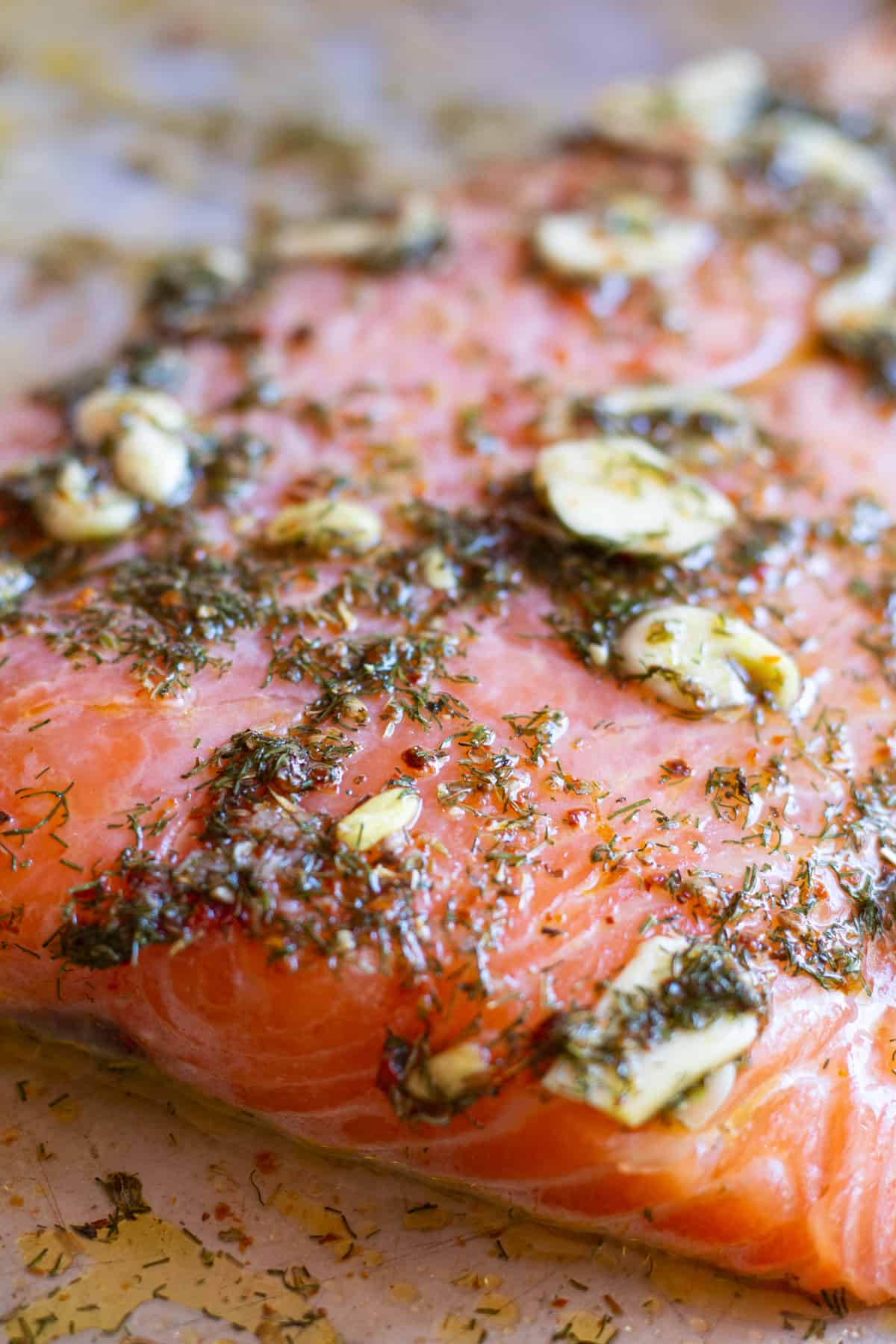 A side of salmon marinated in a homemade Mediterranean style marinade.