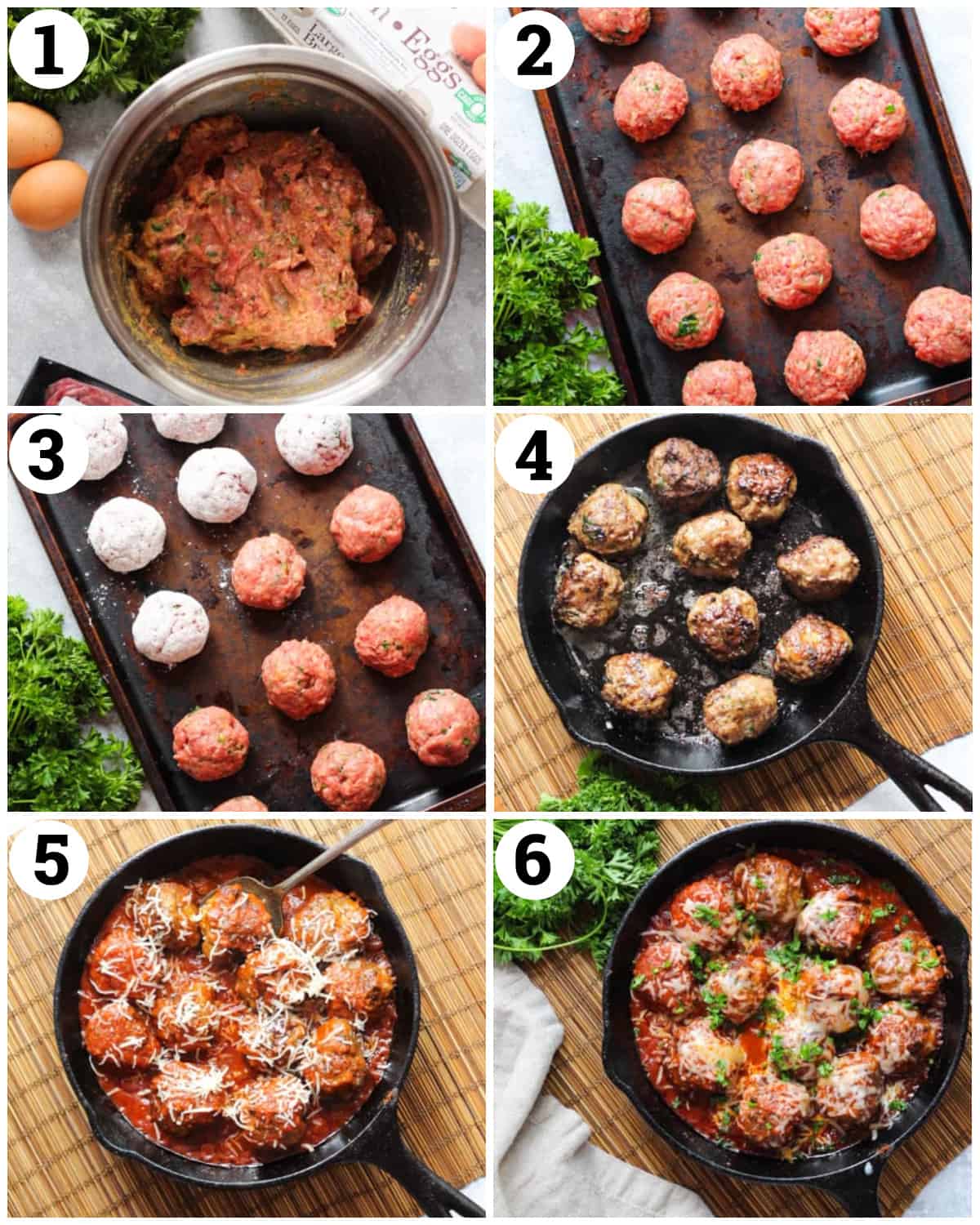 mix all the ingredients, form the meatballs and then roll in flour. Then sear and cook in sauce. Top with cheese. 