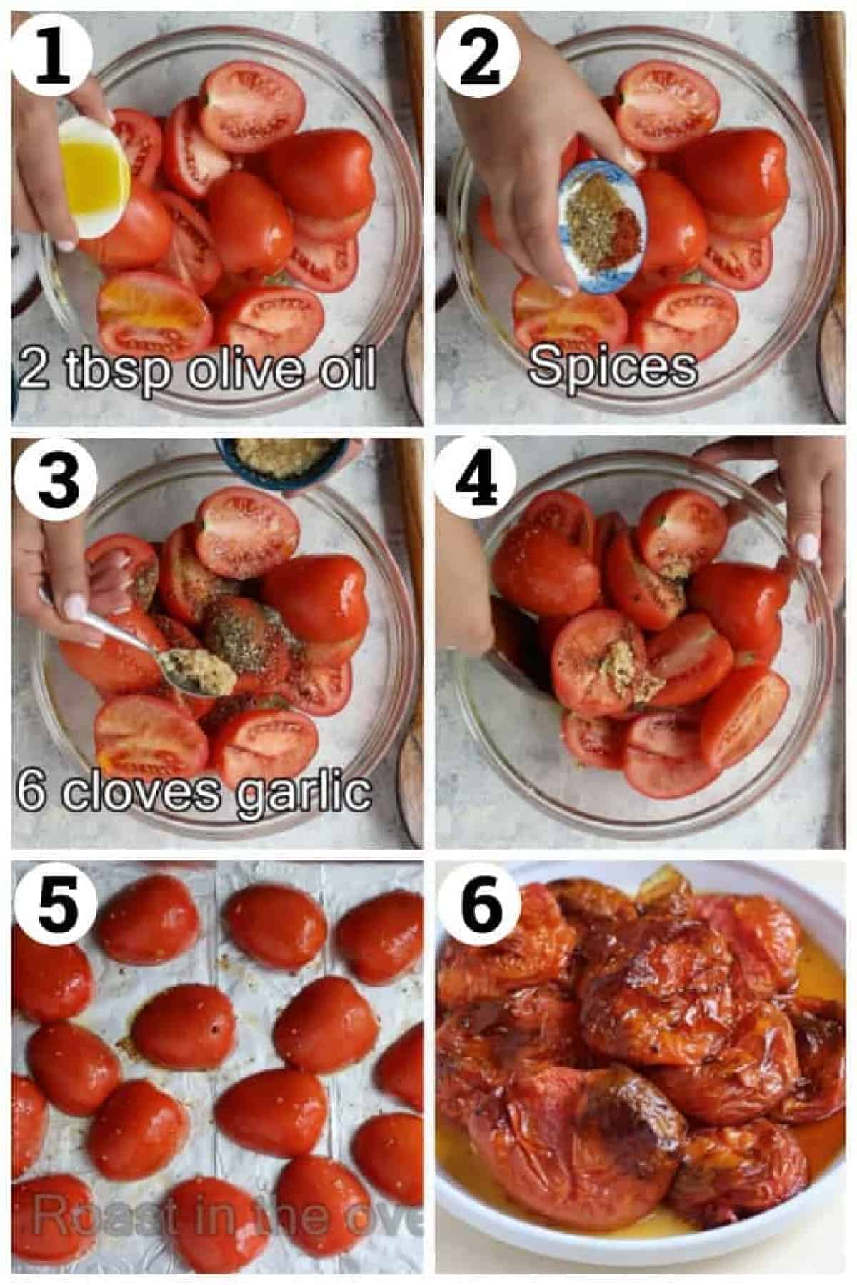 mix tomatoes with olive oil, spices, garlic and salt. Roast in the oven until soft and charred.